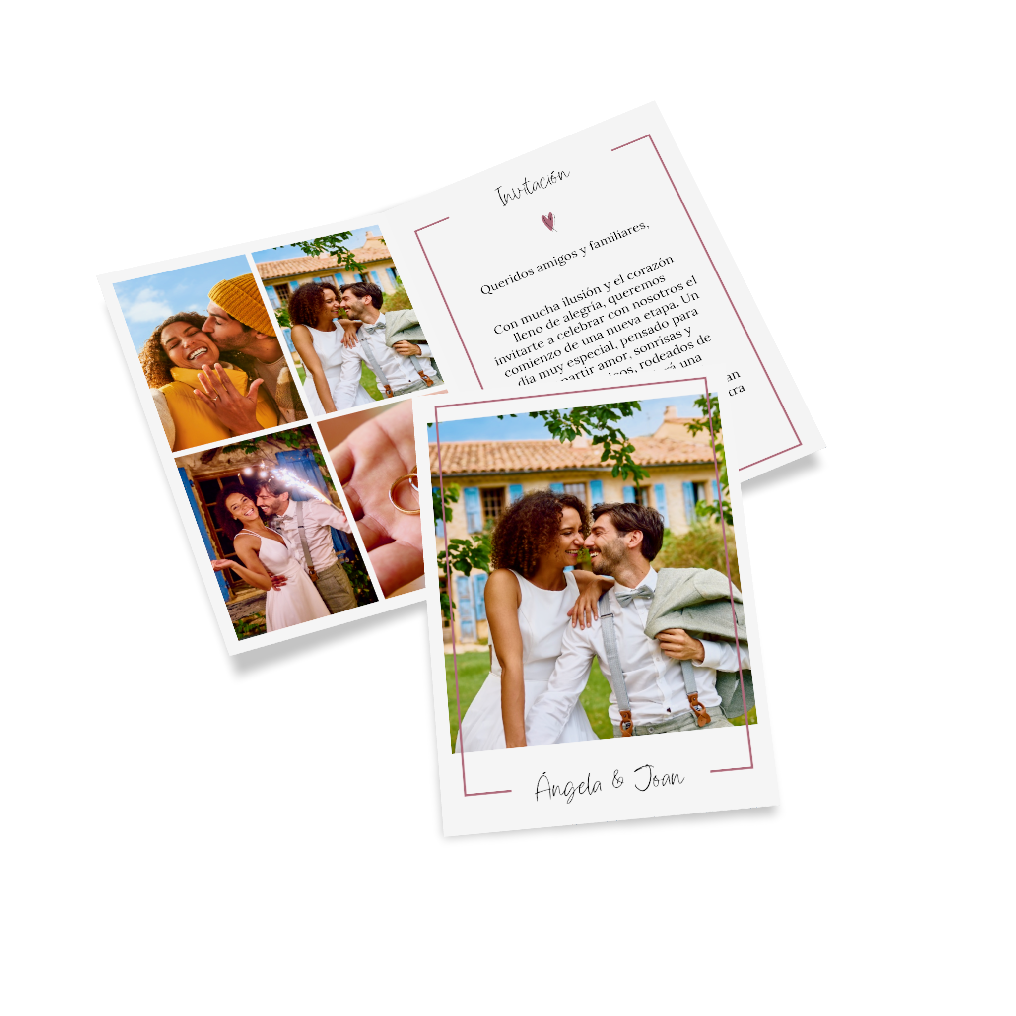 Tarjeta plegable con papel kraft como invitación de boda personalizada con fotos y texto