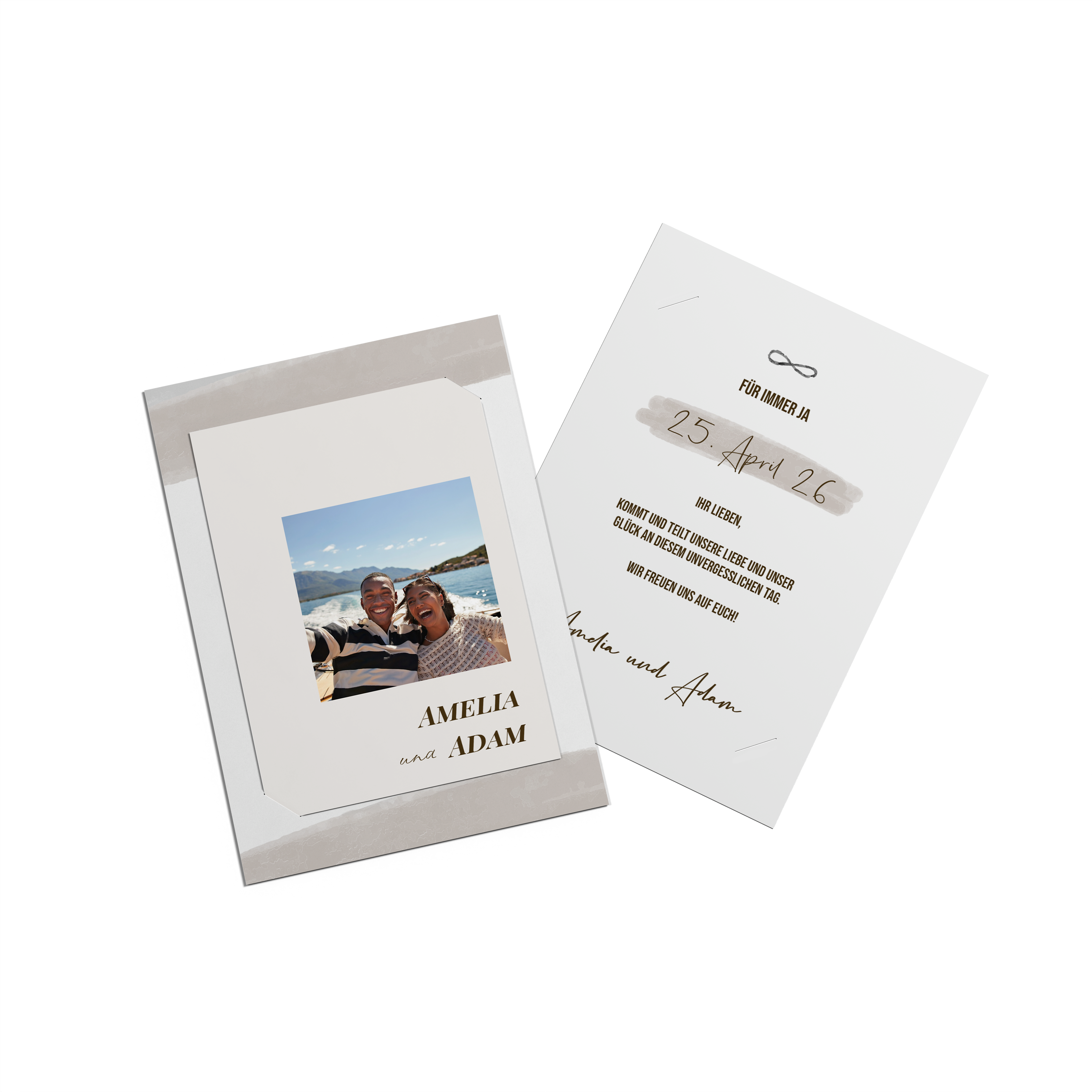 Front and back of a greeting card with detachable foto with a couple photo.