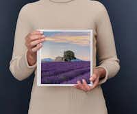 Fotoboek groot vierkant Persoon houdt een fotoboek vast met daarop een lavendelveld met een huis en boom tijdens zonsondergang.