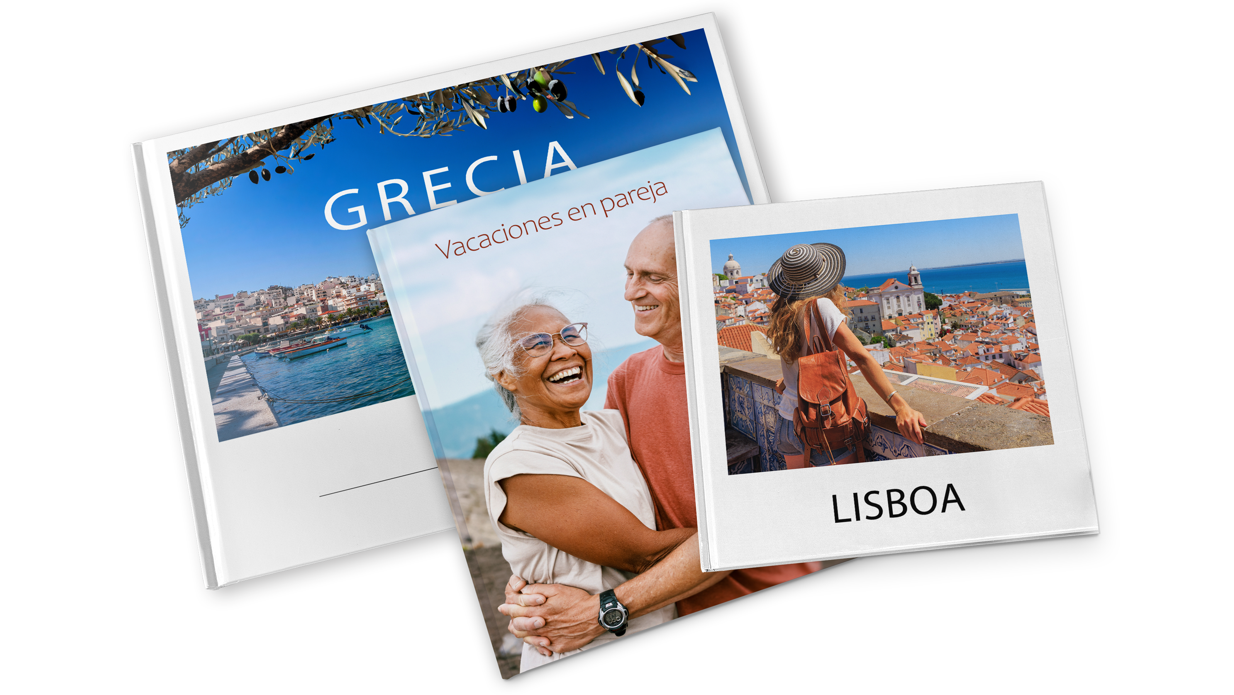 Portadas de un álbum de viaje con destinos y fotos personalizadas