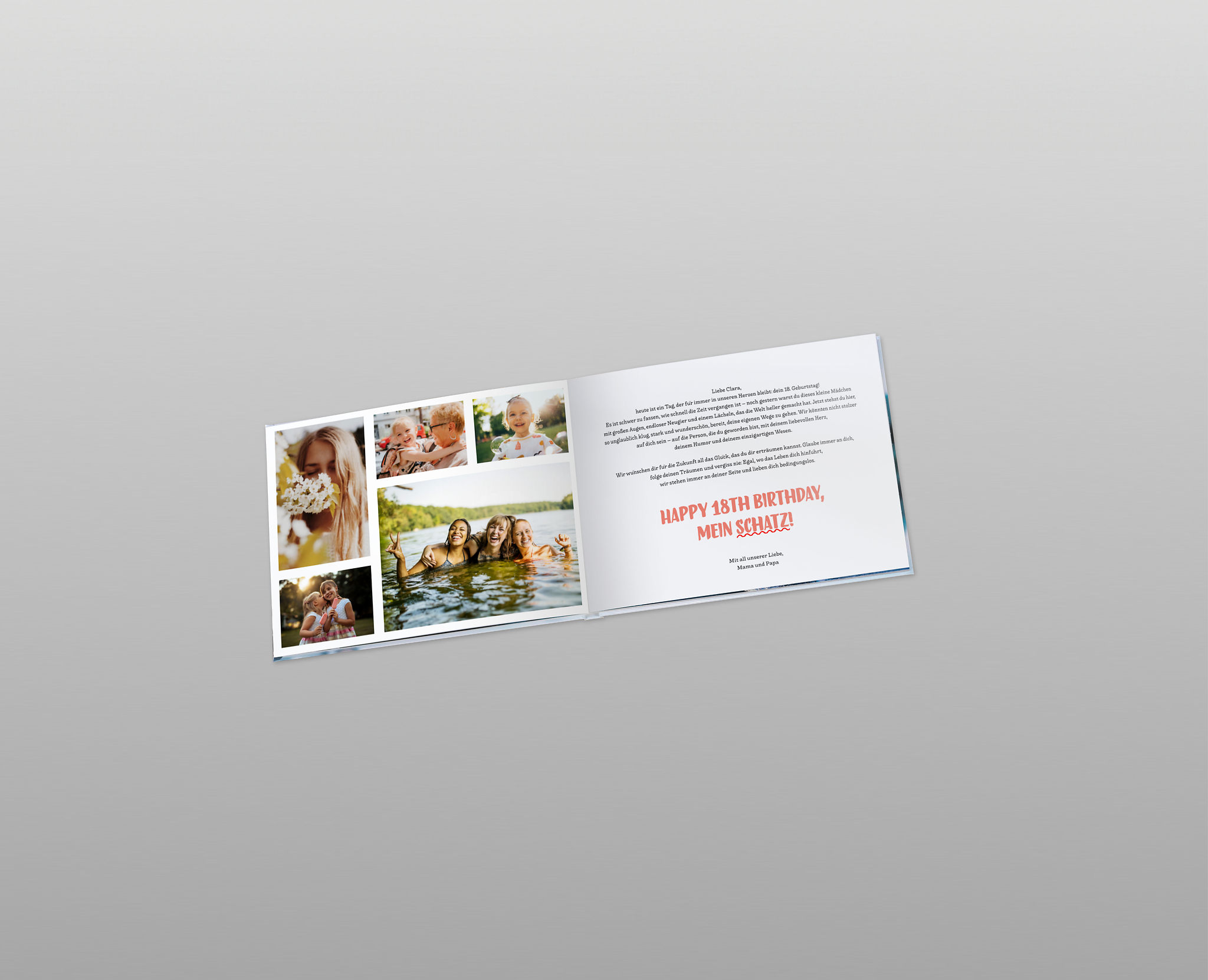 Aufgeklapptes Fotobuch, das als Geschenk zum 18. Geburtstag gestaltet wurde. Die linke Seite wurde mit Fotos gestaltet, die rechte mit einem persönlichen Text von Mama & Papa.