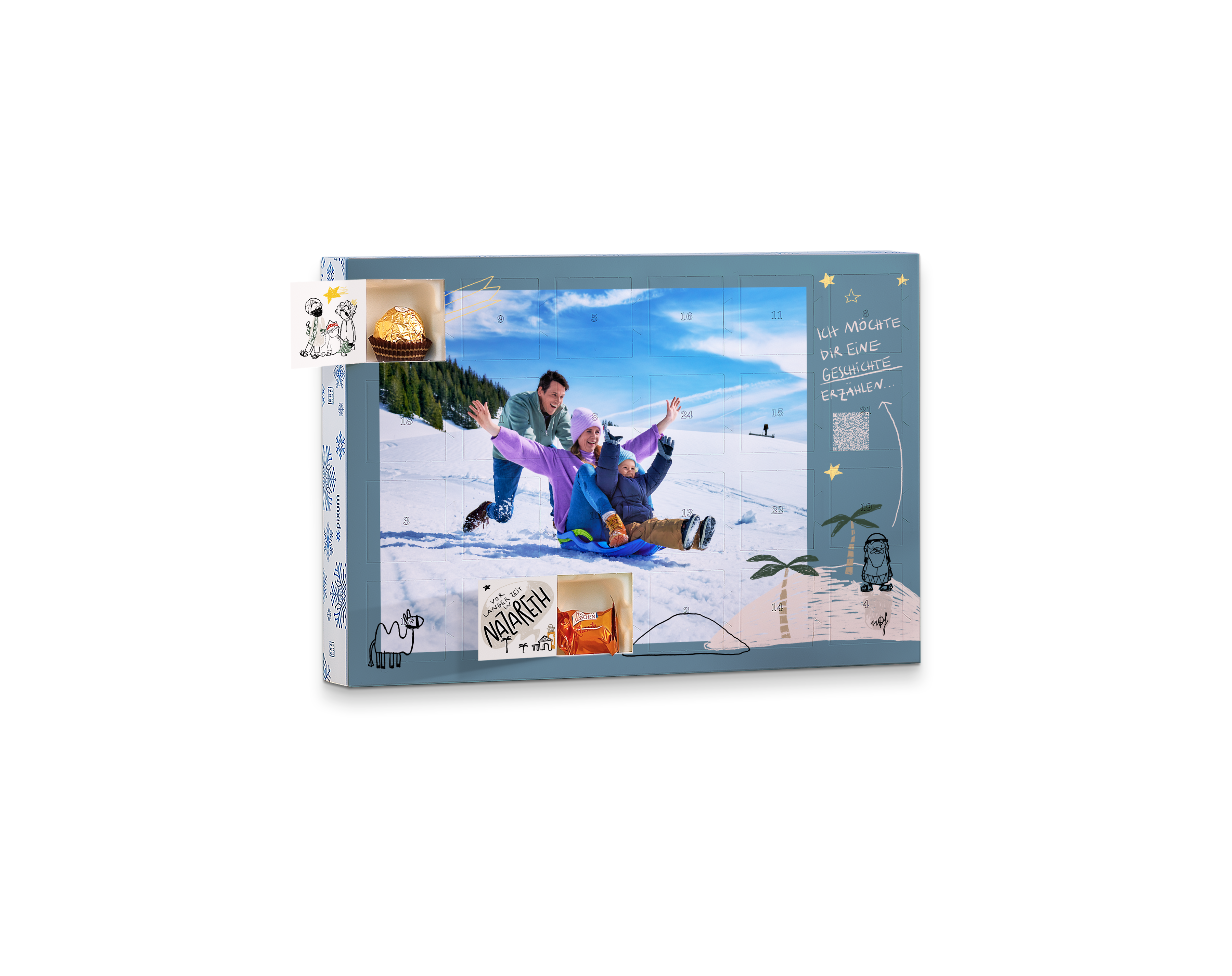 Pixum Adventskalender mit Schokolade von Ferrero und Illustrationen der Weihnachtsgeschichte