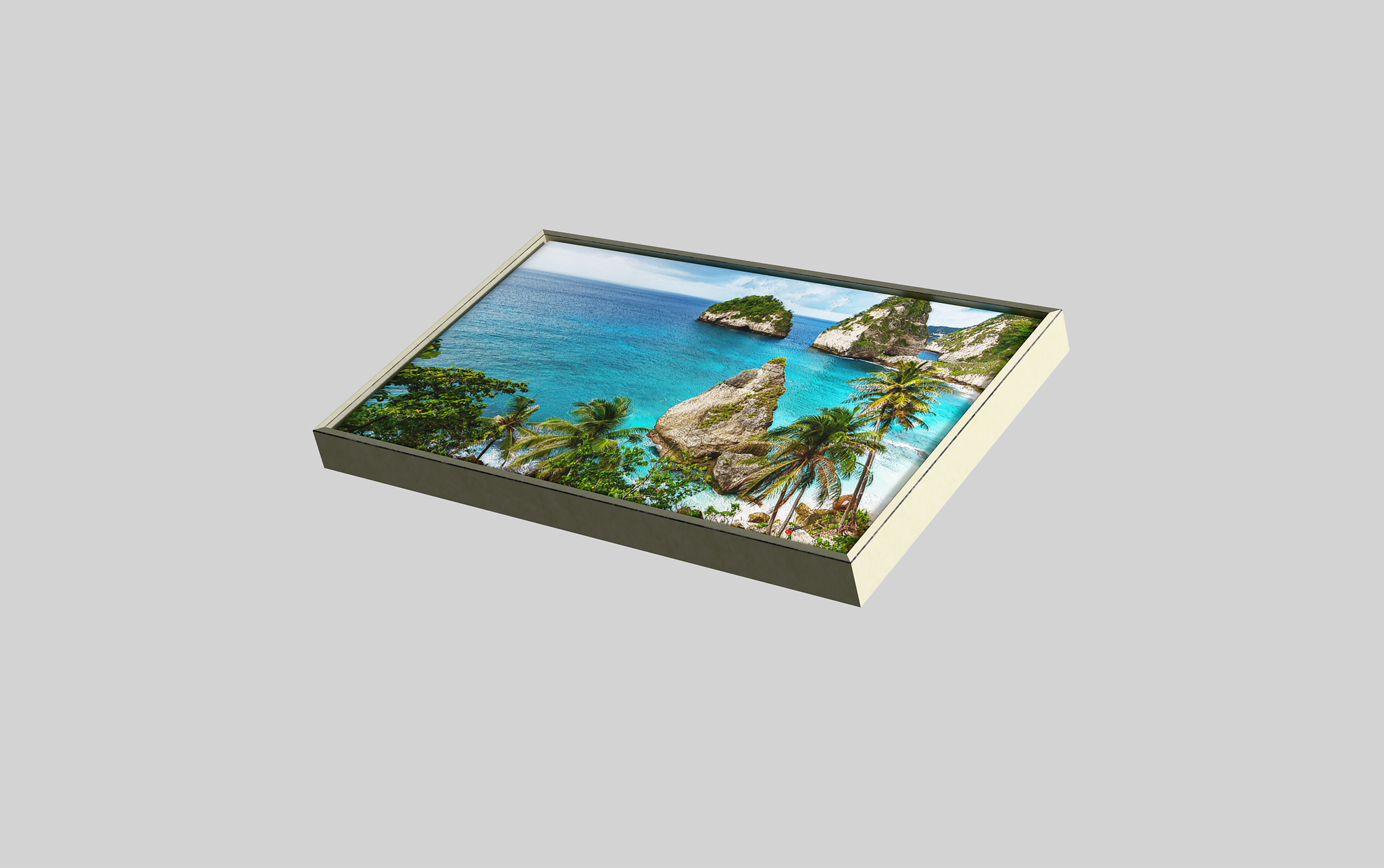 Lienzo con la foto de un paisaje y un marco flotante de madera color crema