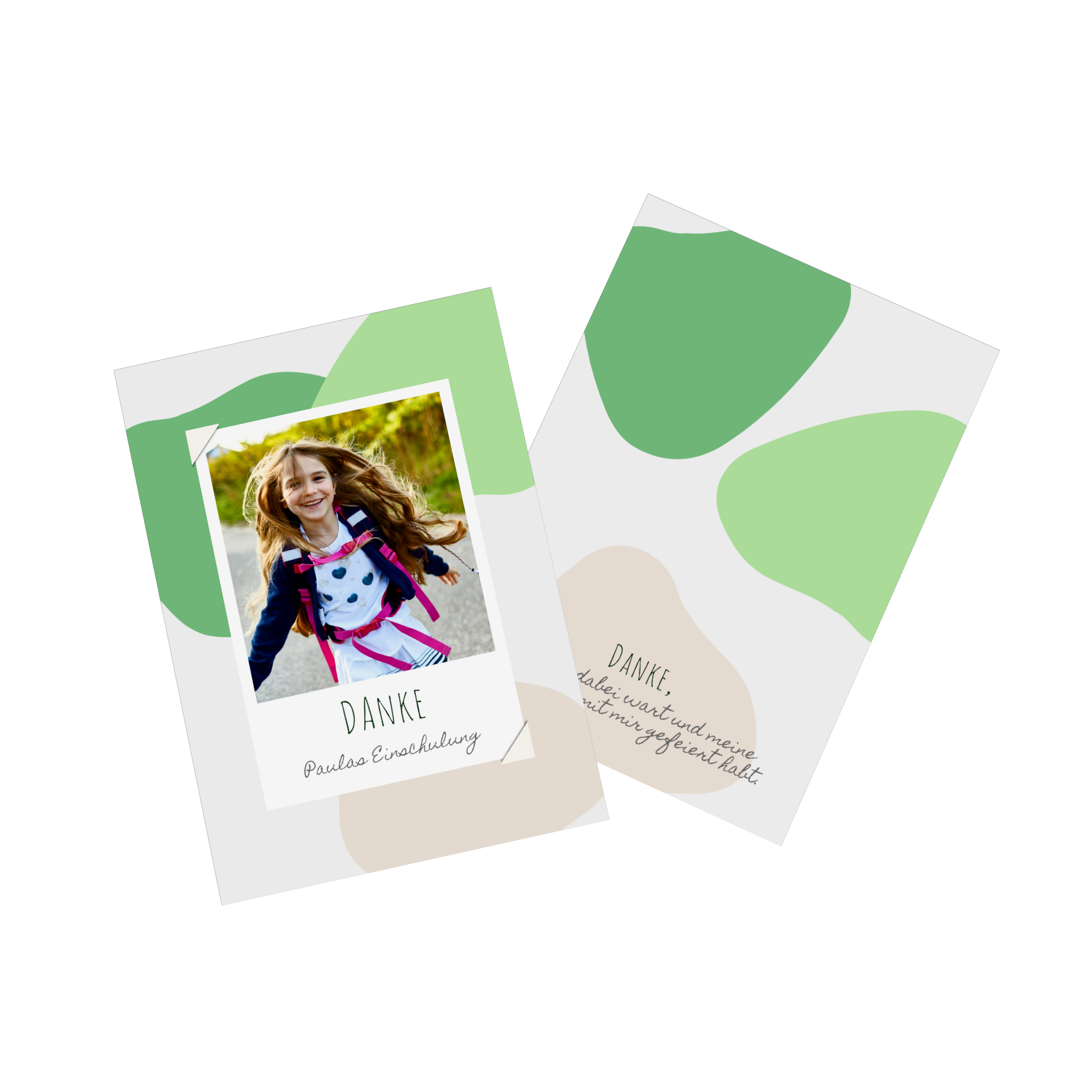 Fotokarte als Dankeskarte zur Einschulung mit einem bunten Design aus grünen und beigen Kreisen. Auf der Vorderseite befindet sich ein Foto im Sofort-Bild-Look und auf der Rückseite der Dankestext.