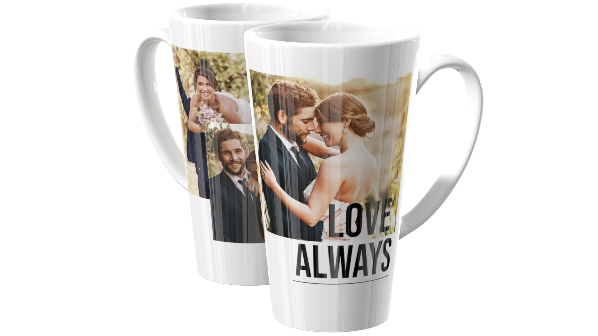 Stor café latte krus med design og billeder af et brudepar