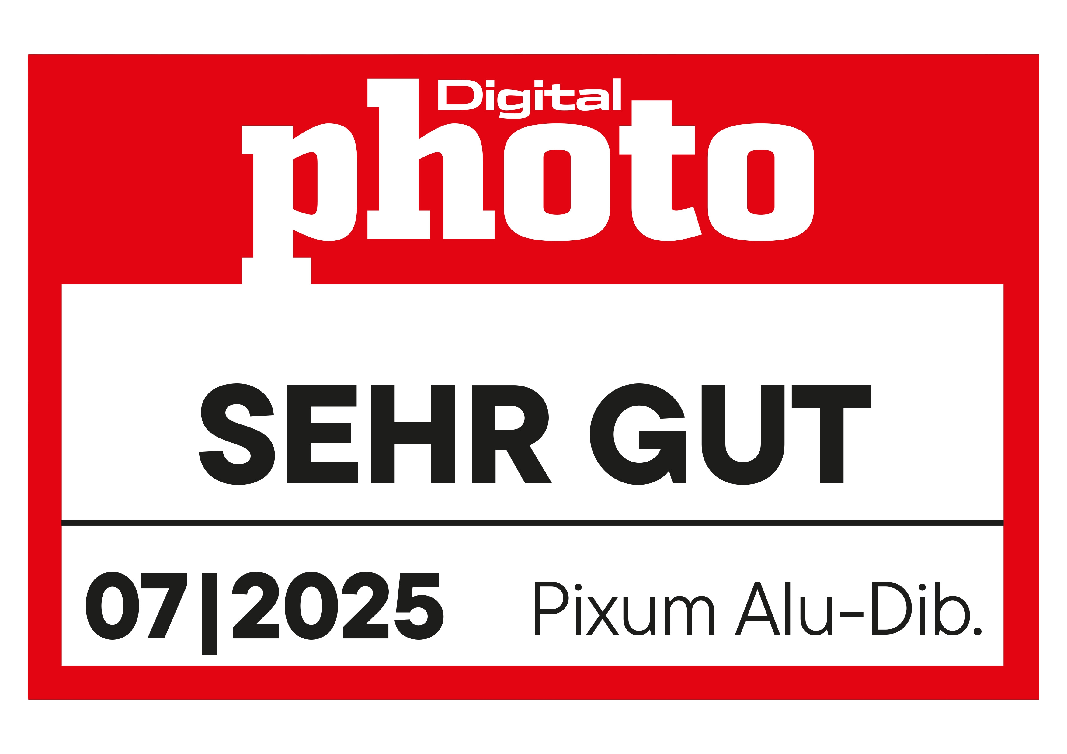 Logo van de test van DigitalPhoto voor de foto's op alumium, waarbij Pixum de score "zeer goed" kreeg.