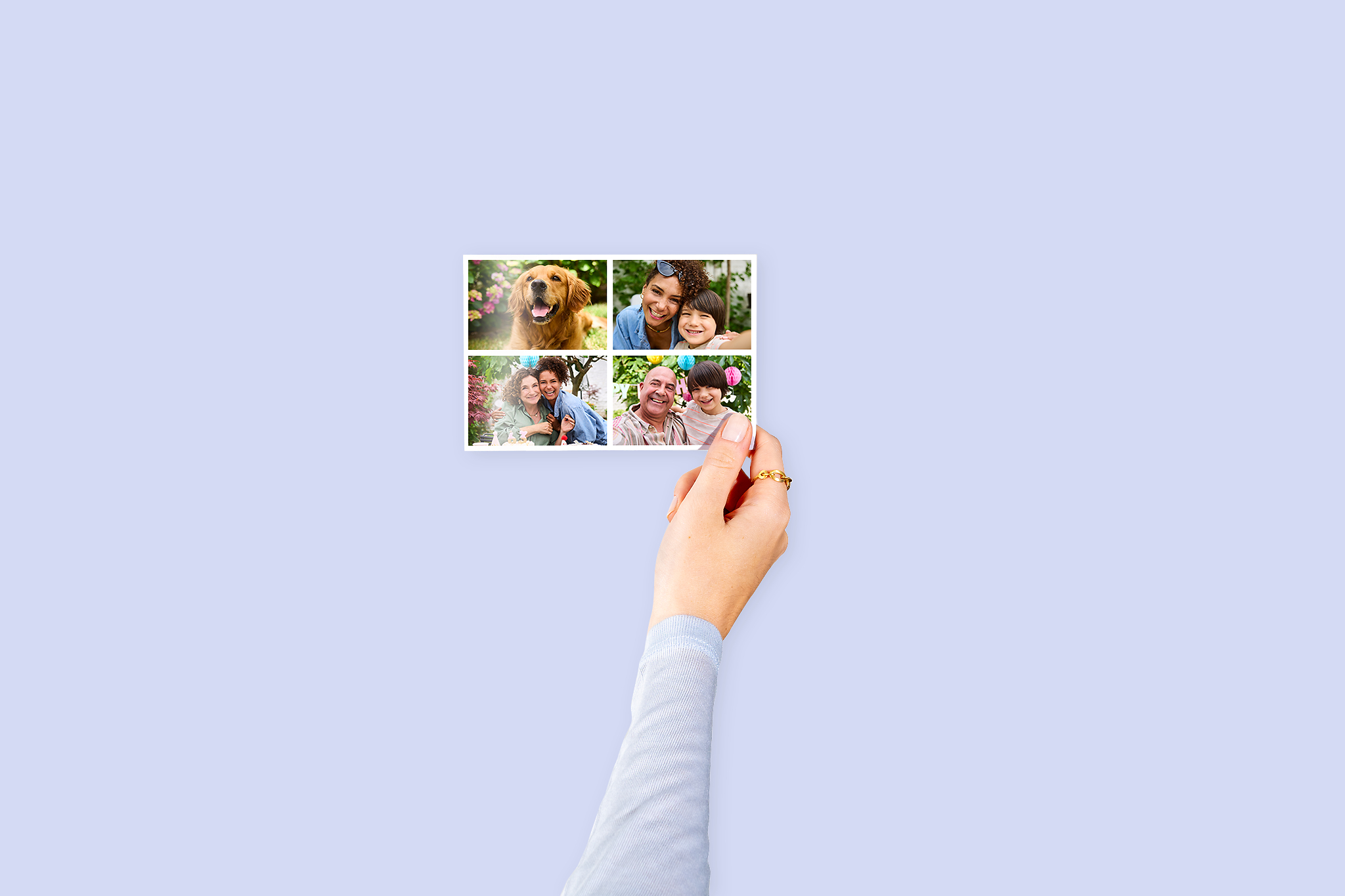 Fotoabzug mit vier Brieftaschenbildern mit Fotos von einer Familie 