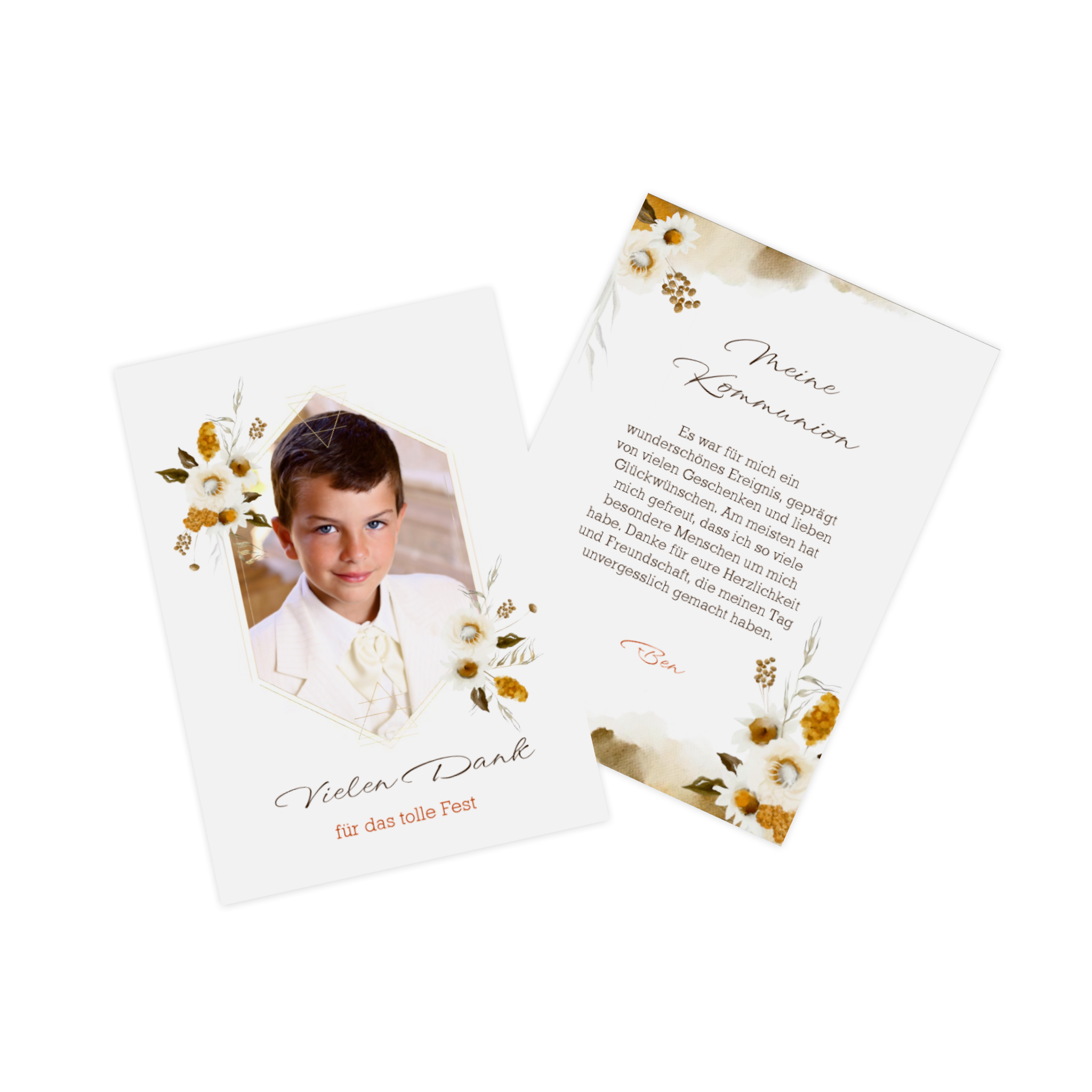 Dankeskarte zur Kommunion mit Blumen-Design und dem Bild eines Jungen auf der Vorderseite.