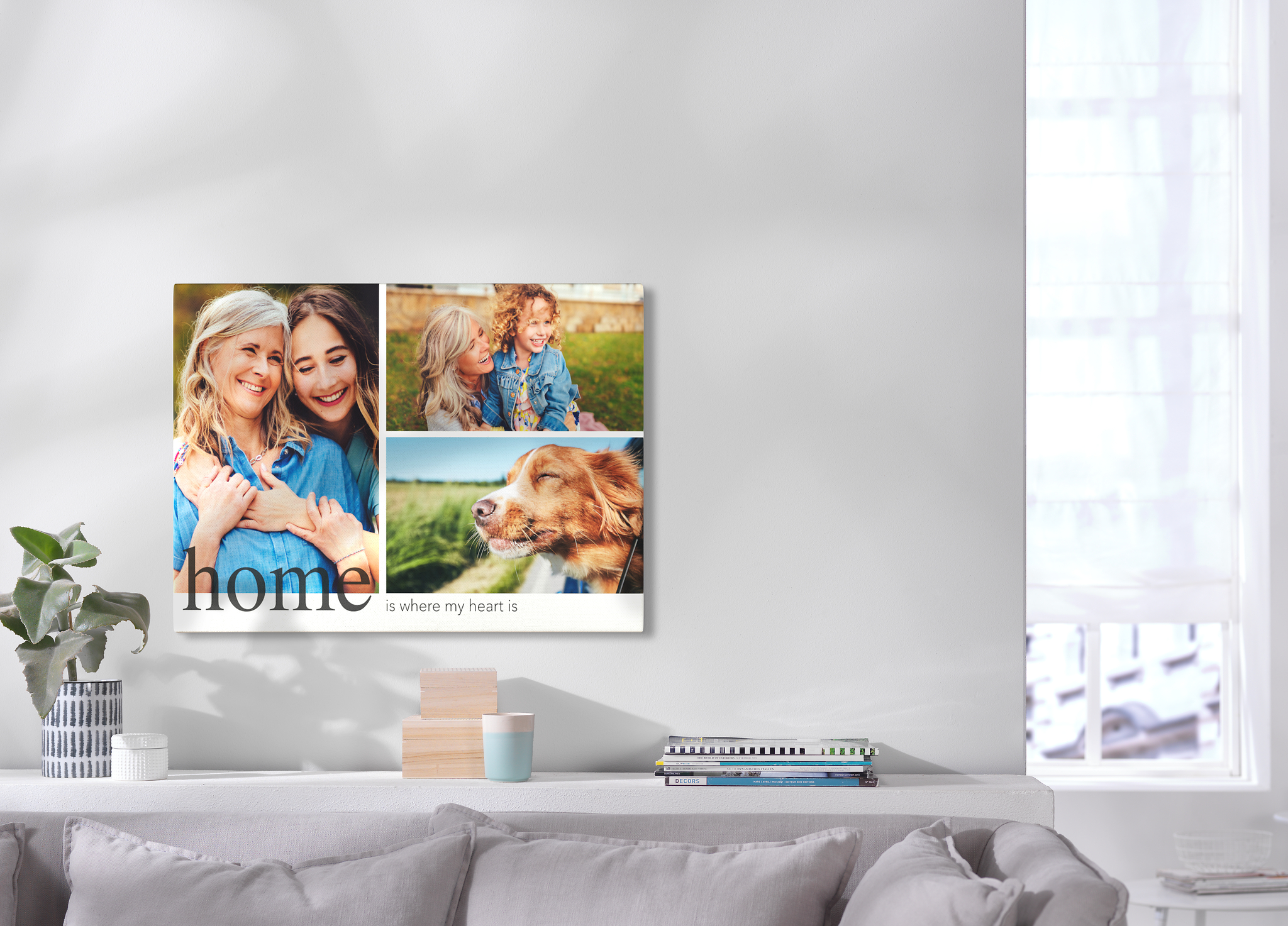 En collage på lærred med fotos af en mor og hendes børn.