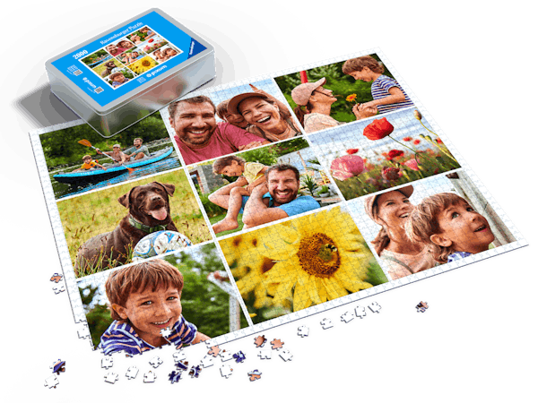 Fotopuzzle mit 2000 Teilen gestaltet mit einer bunten Collage aus Familienfotos.