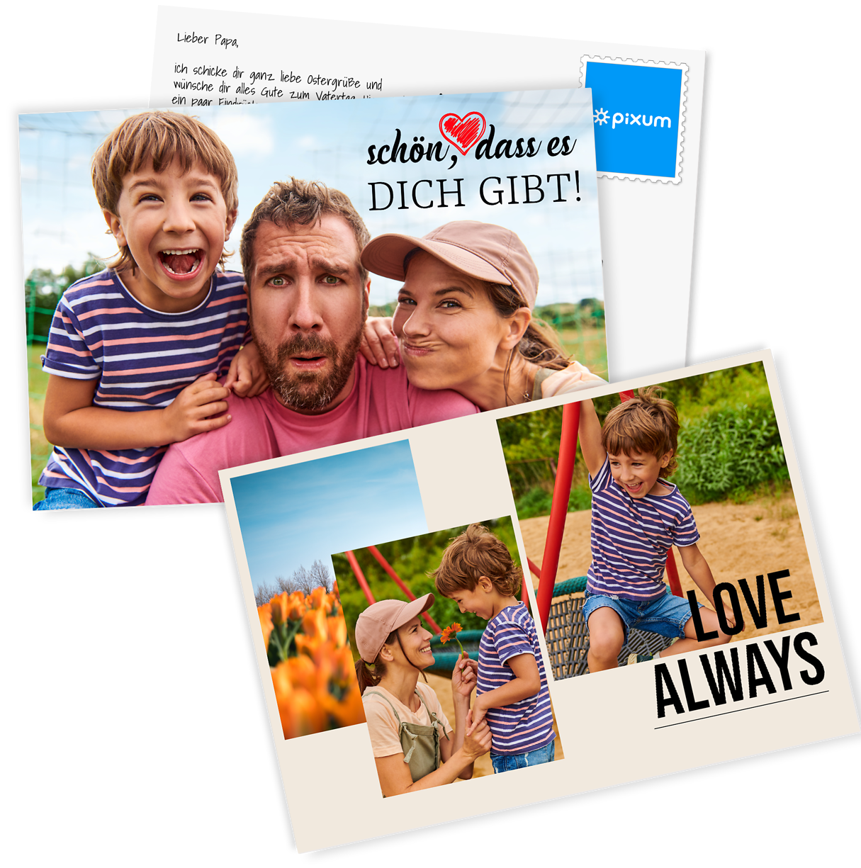 Pixum App Postkarte mit Familienfotos und liebevollen Texten.