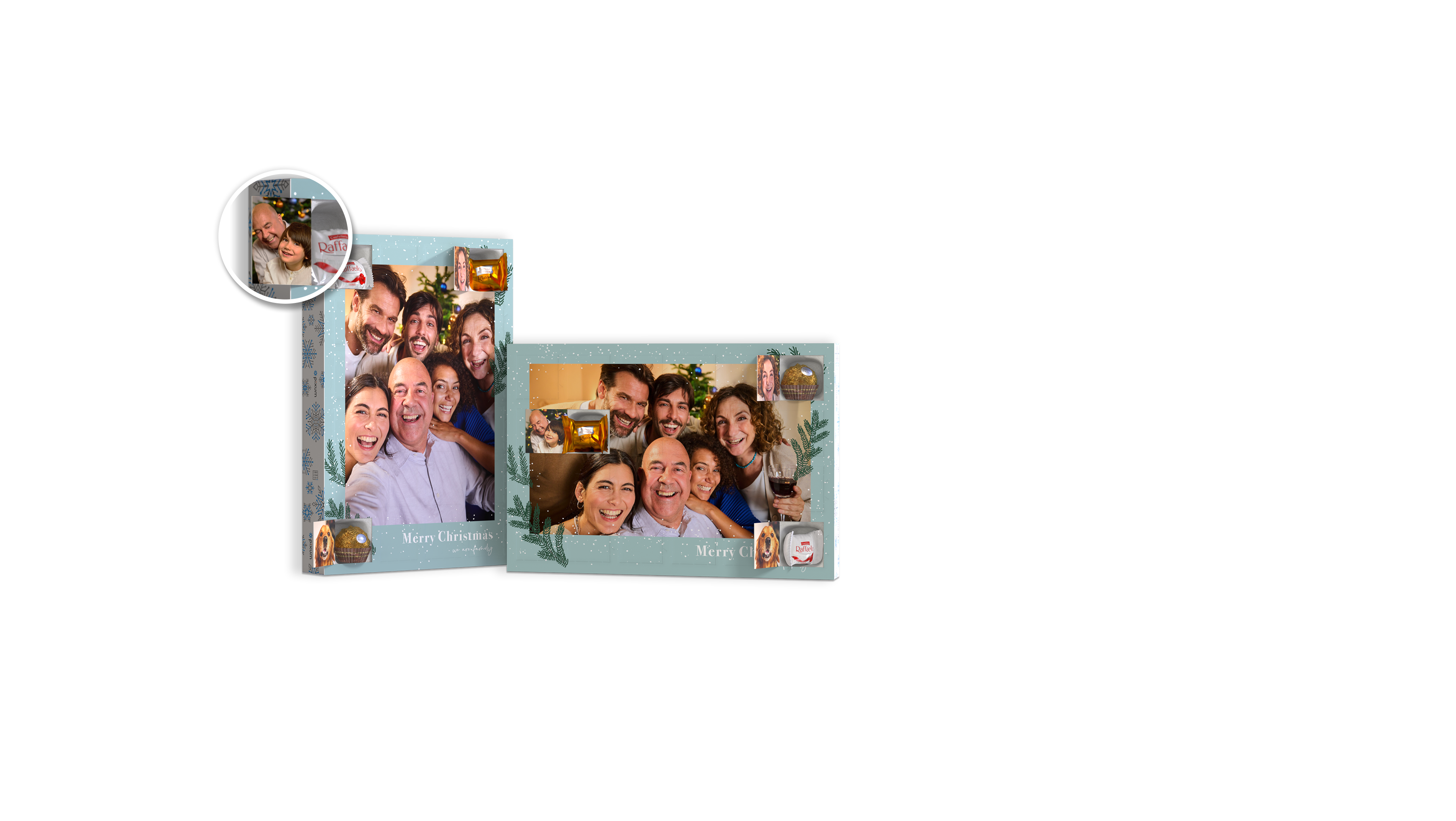 Calendario de Adviento con bombones Ferrero y celdas con fotos con la foto de una familia