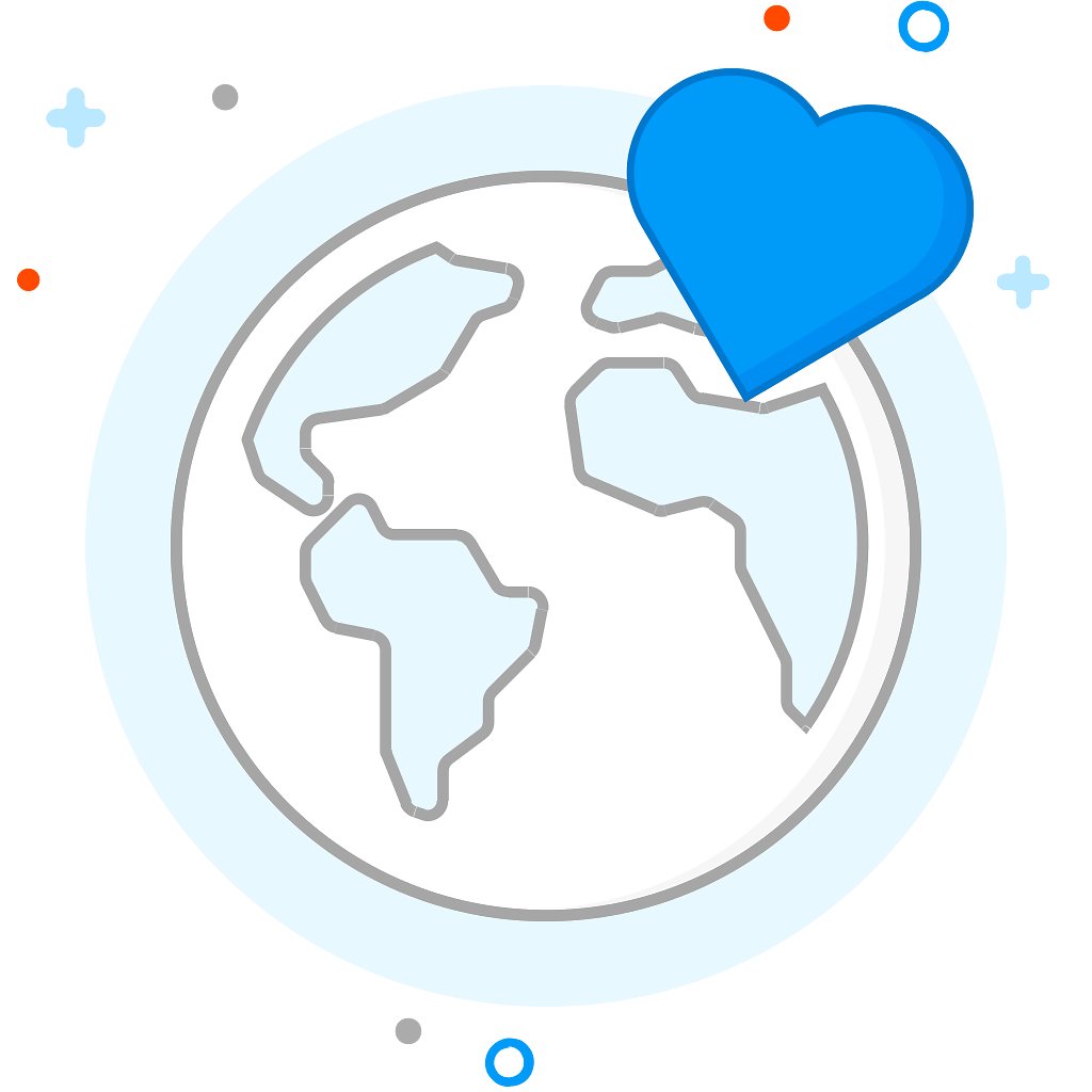 Blauwe illustratie van een wereldbol en een hartje.