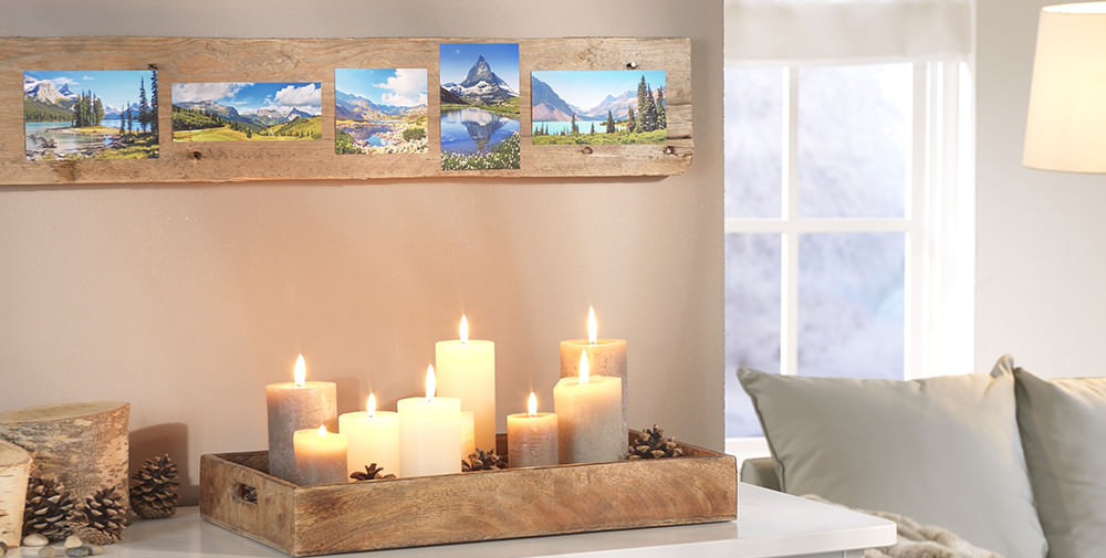 Natur pur - mit der Fotostrecke auf einer edlen Holzleiste schaffst eine Raumdekoration mit natürlichem Flair.