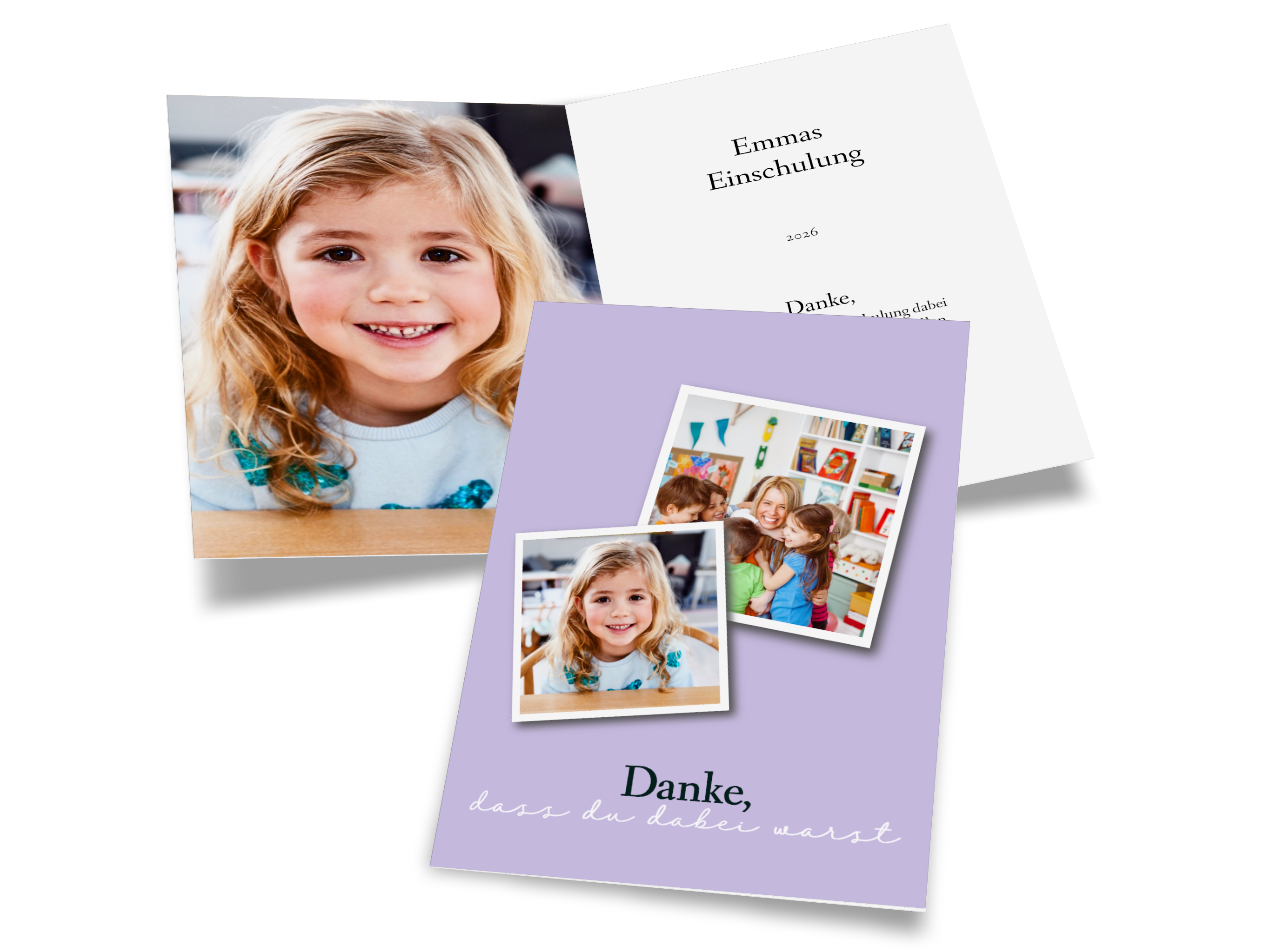 Als Dankeskarte gestaltete Klappkarte. Außen ist ist die Karte lila und zeigt zwei Fotos von der Einschulung. Auf der linken inneren Seite ist ein weiteres Foto vom Schulkind und auf der rechten Seite der Dankestext.