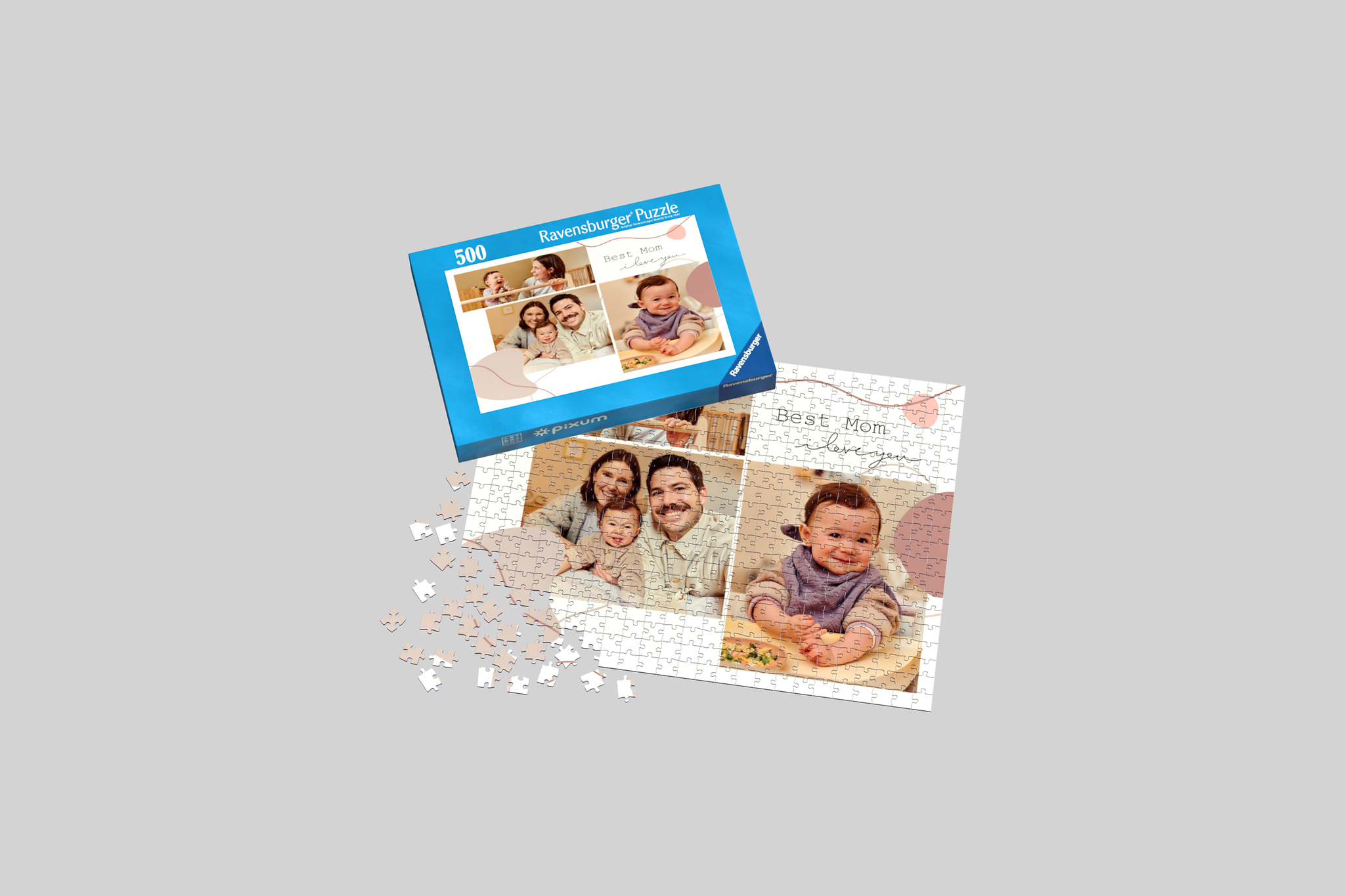 Ein Fotopuzzle mit 500 Teilen und einem Design auf dem "Best Mom, I love you" steht. Auf dem Fotopuzzle sind drei Fotos von einem Baby und seinen Eltern zu sehen.