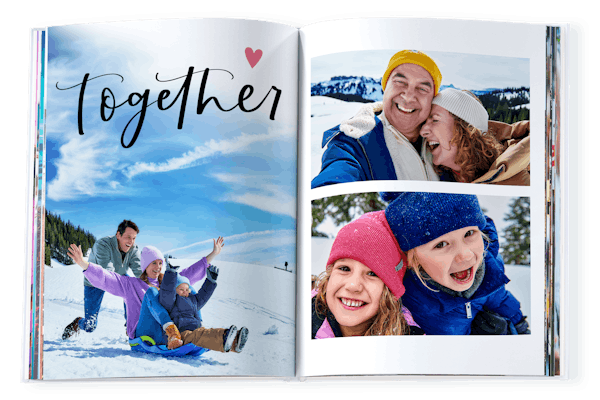 Skapa en Pixum Fotobok i liggande format med familjefoton och kreativ design.