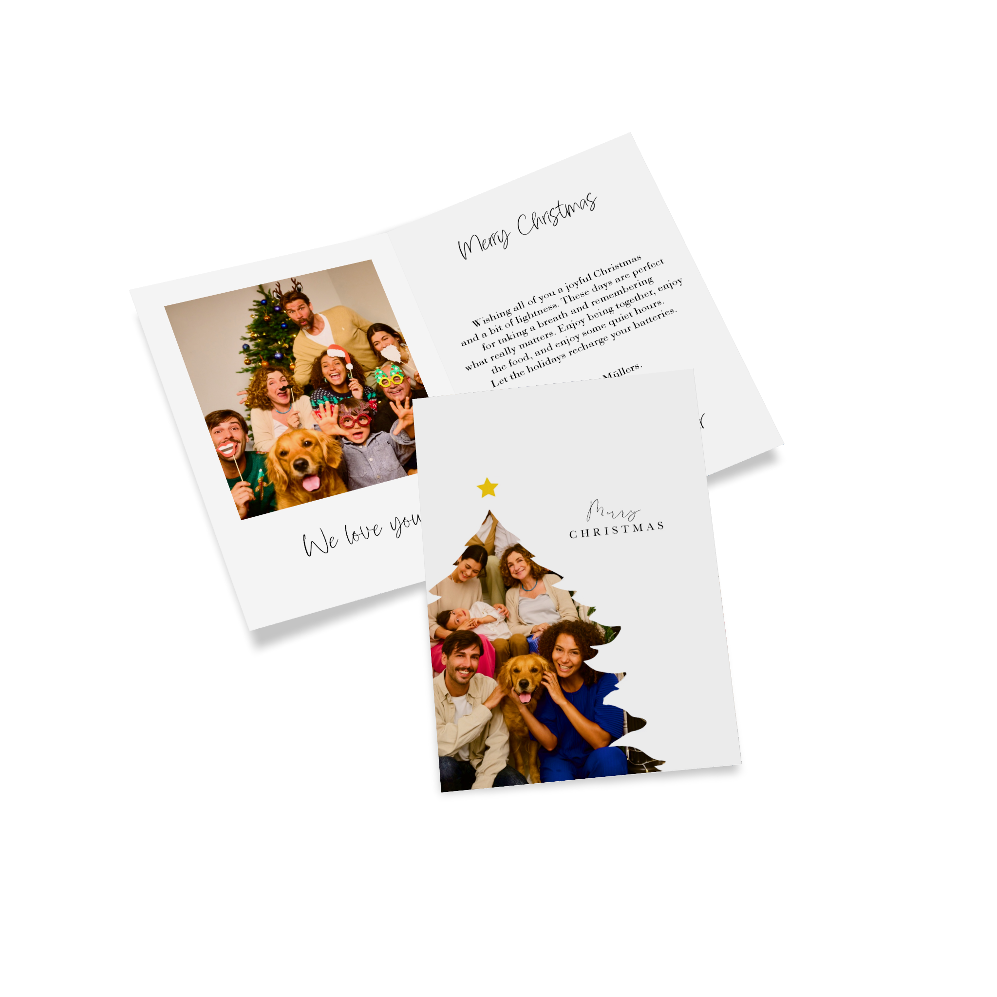 Carte de Noël personnalisée avec la photo d’une famille à Noël.
