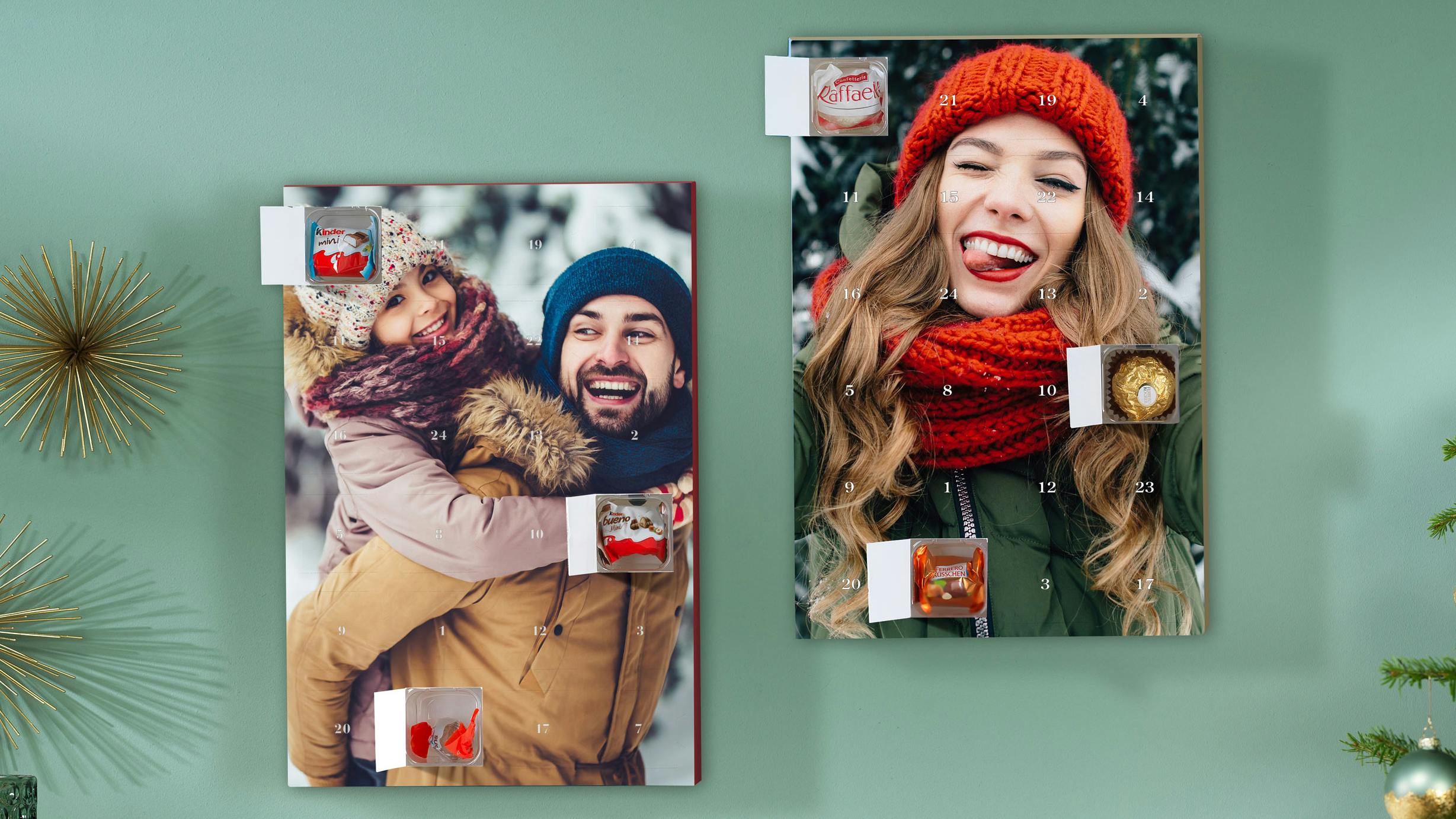 Foto-Adventskalender mit Kinder Schokolade oder Ferrero Pralinen mit winterlichen Motiven im Ambiente