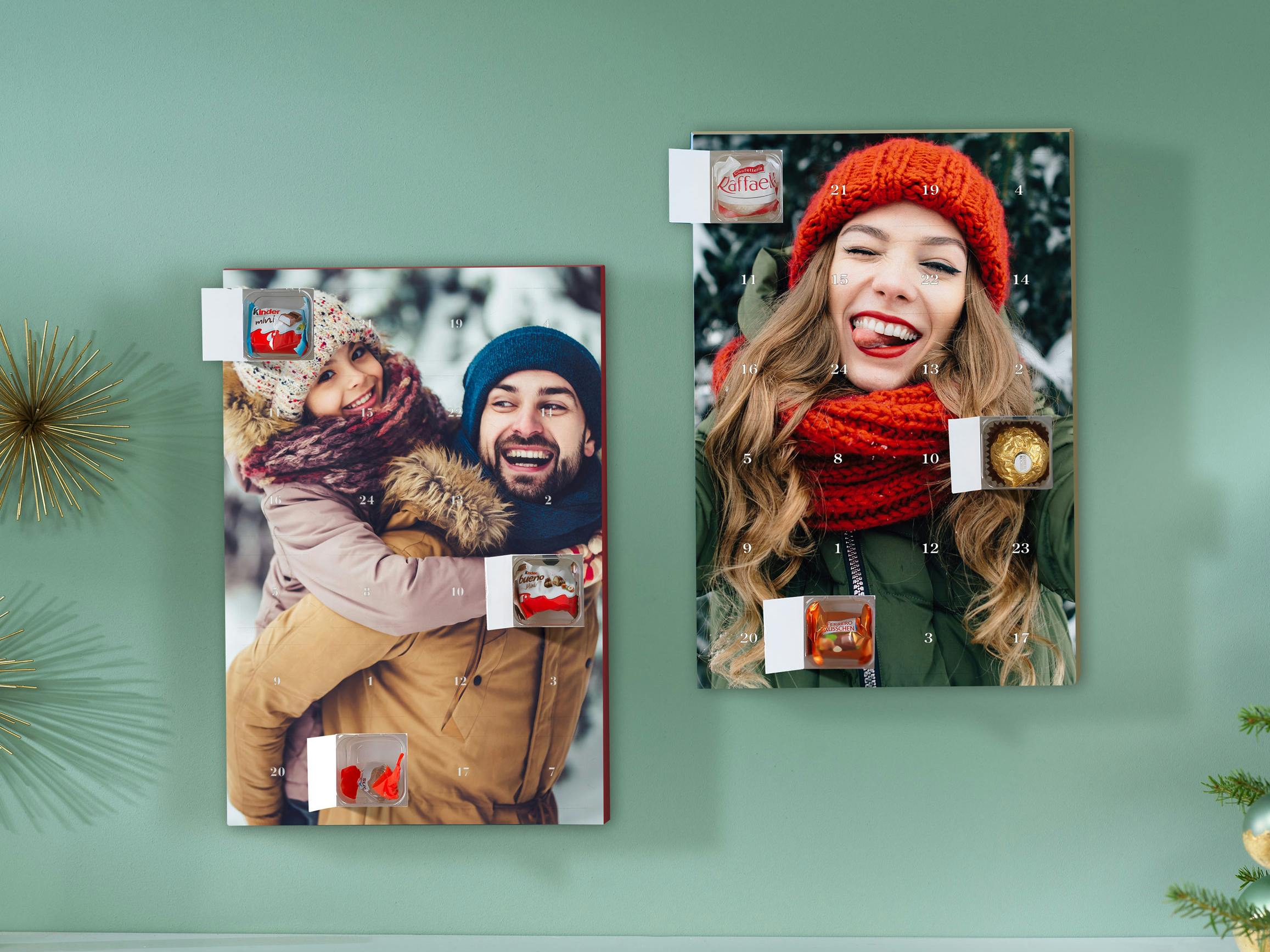 Foto-Adventskalender mit Kinder Schokolade oder Ferrero Pralinen mit winterlichen Motiven im Ambiente