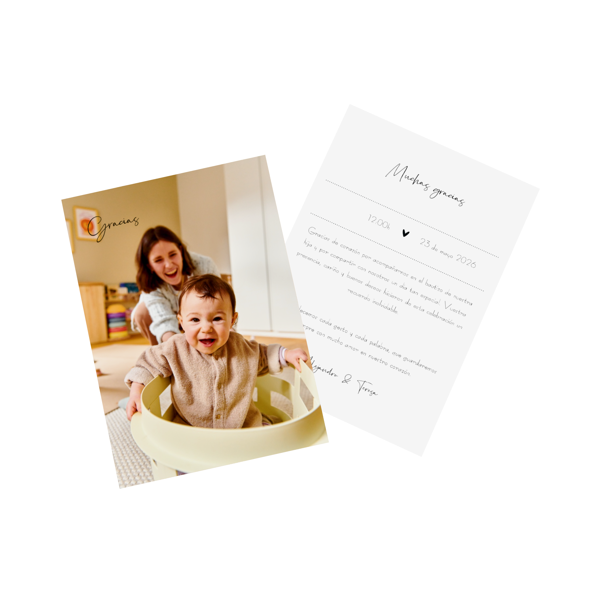 Tarjeta personalizada con fotos y textos como tarjeta de agradecimiento por un bautizo