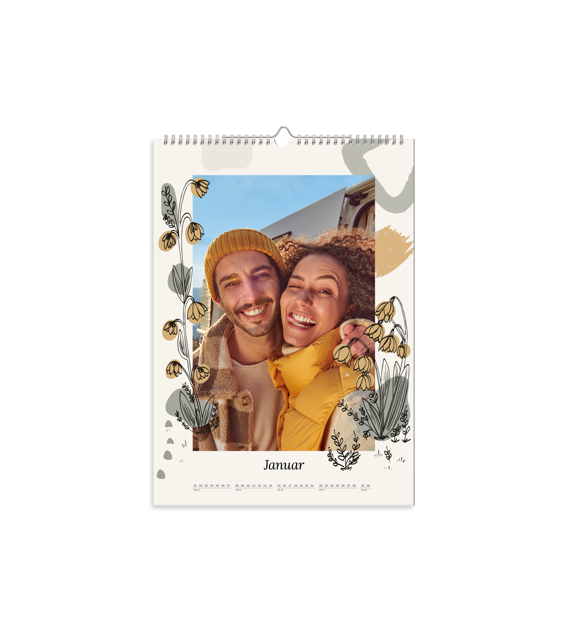 Wandkalender mit einem blumigen Design und einem Bild von zwei Verliebten