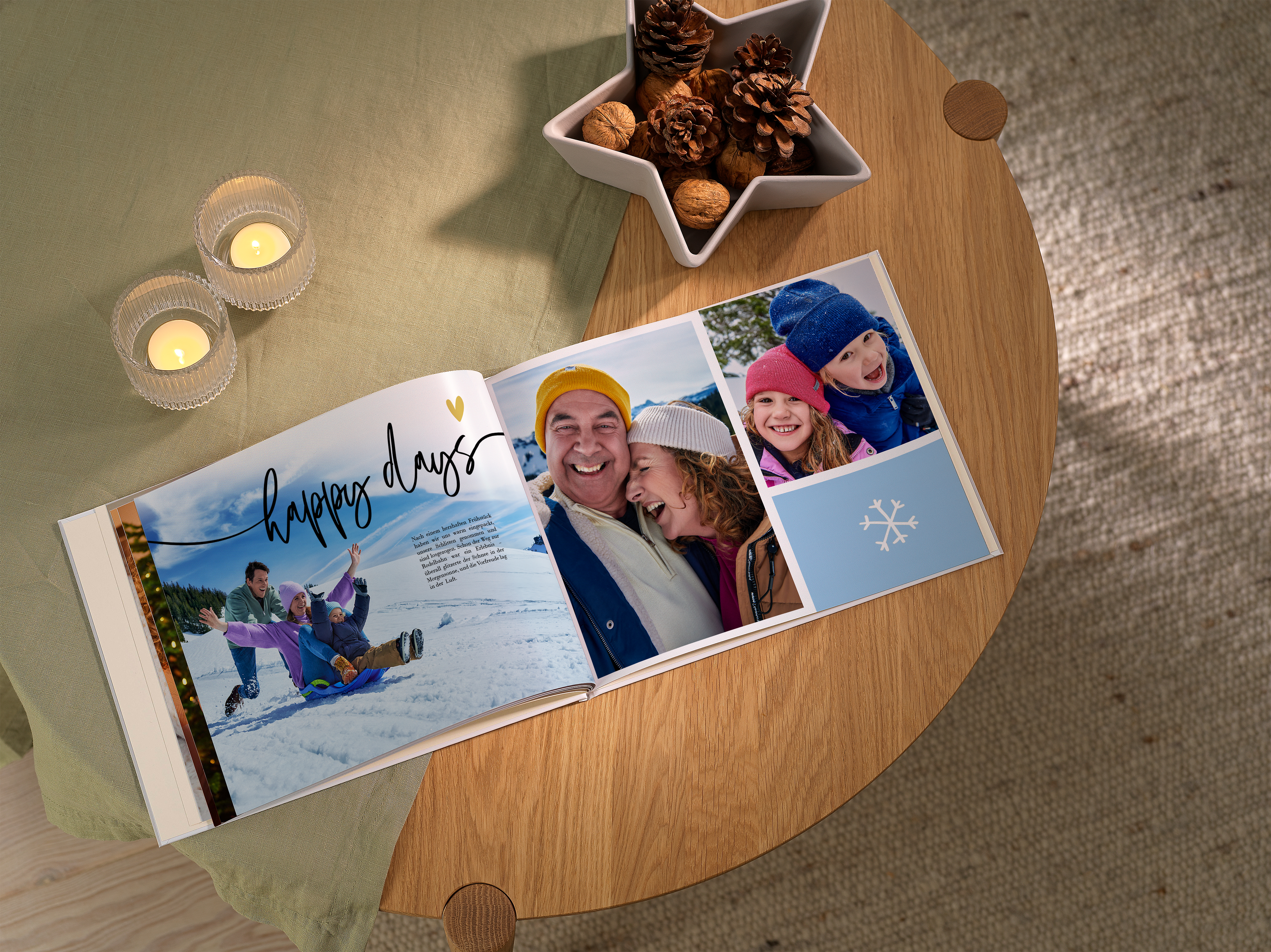 Pixum Fotobuch mit Familienfotos aus dem Winterurlaub.