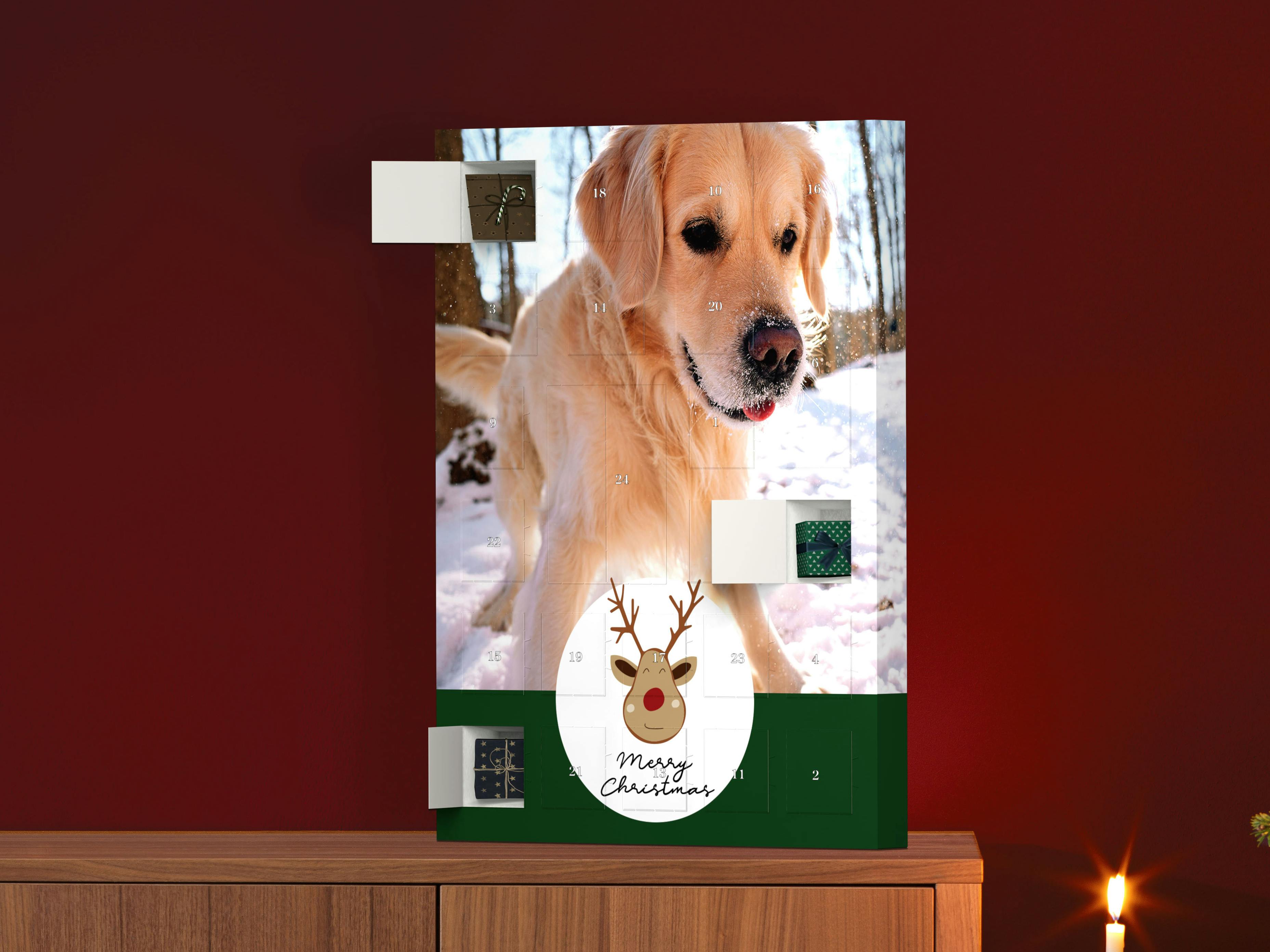 Foto-Adventskalender zum Selbstbefüllen im Hochformat mit einem Hundemotiv im weihnachtlichen Ambiente