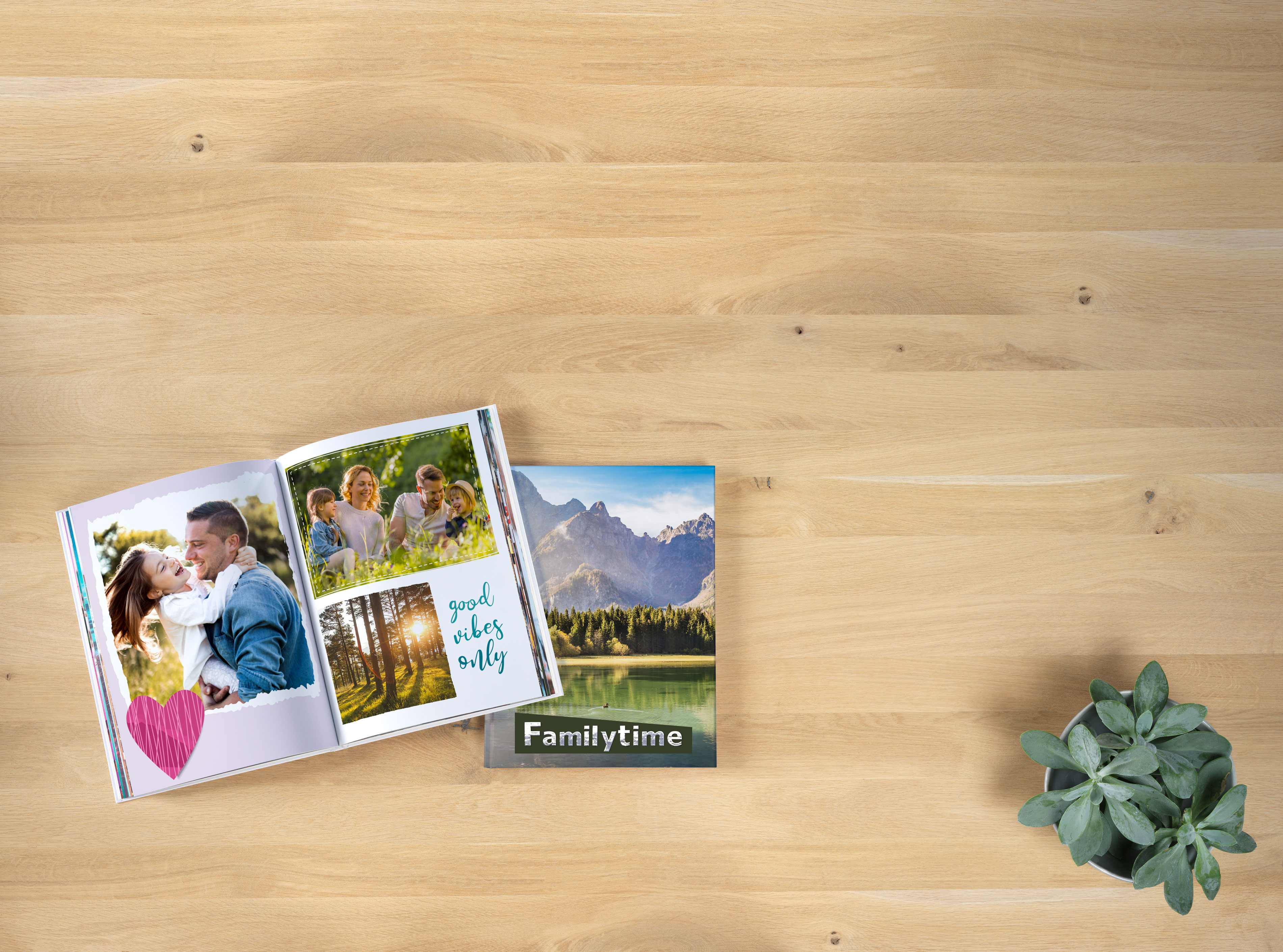 Livre photo portrait posé sur une table avec des photos de famille et de nature