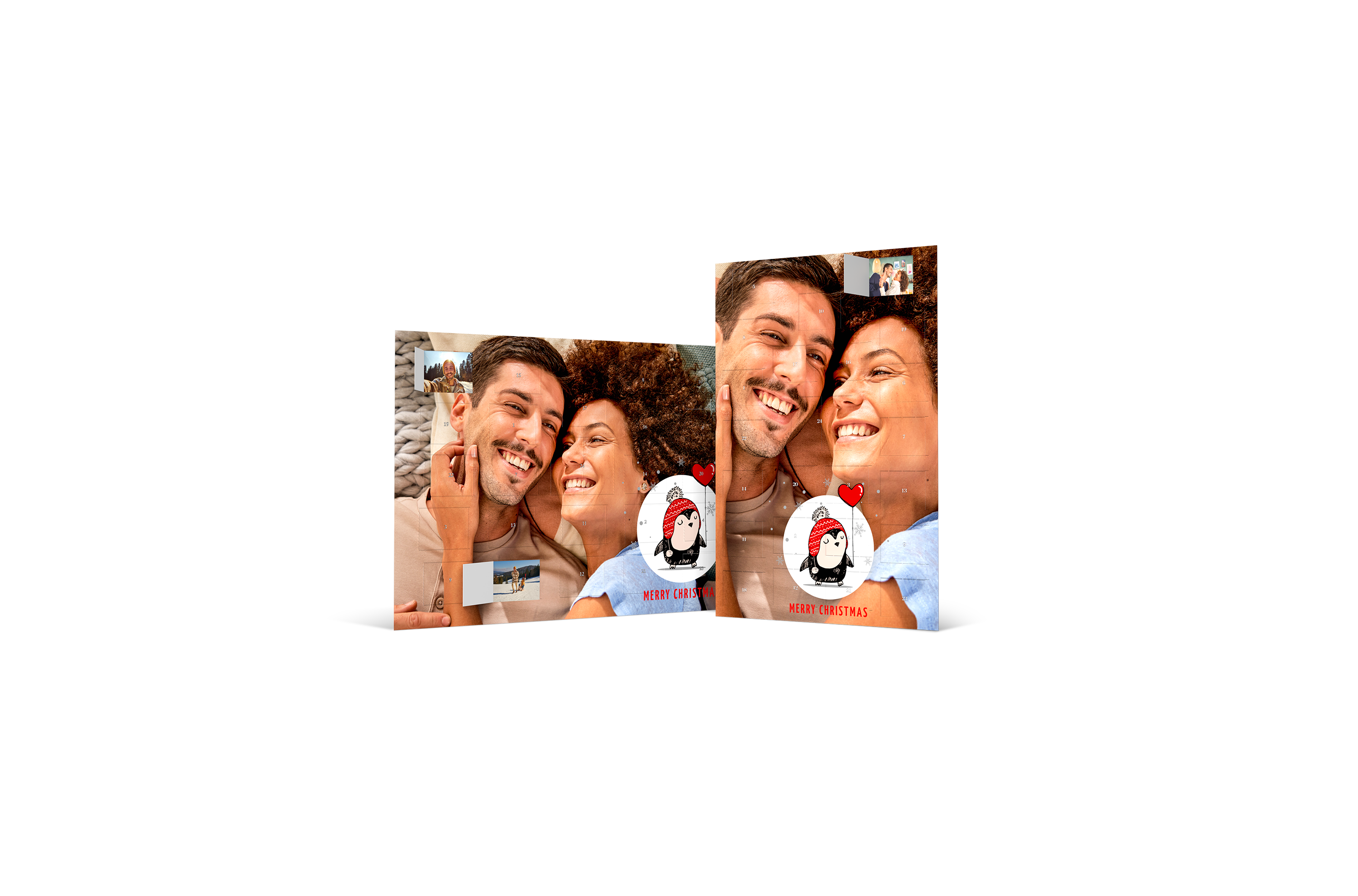 Calendario de Adviento con celdas con fotos con la foto de una pareja