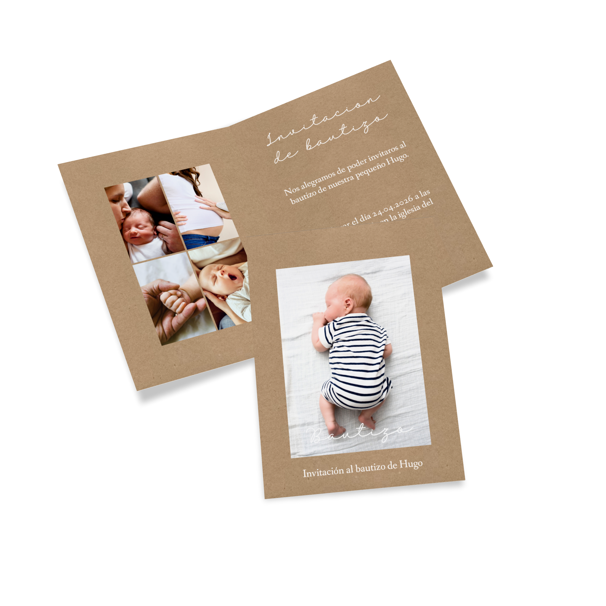 Invitación de bautizo personalizada con diseño, texto y fotos