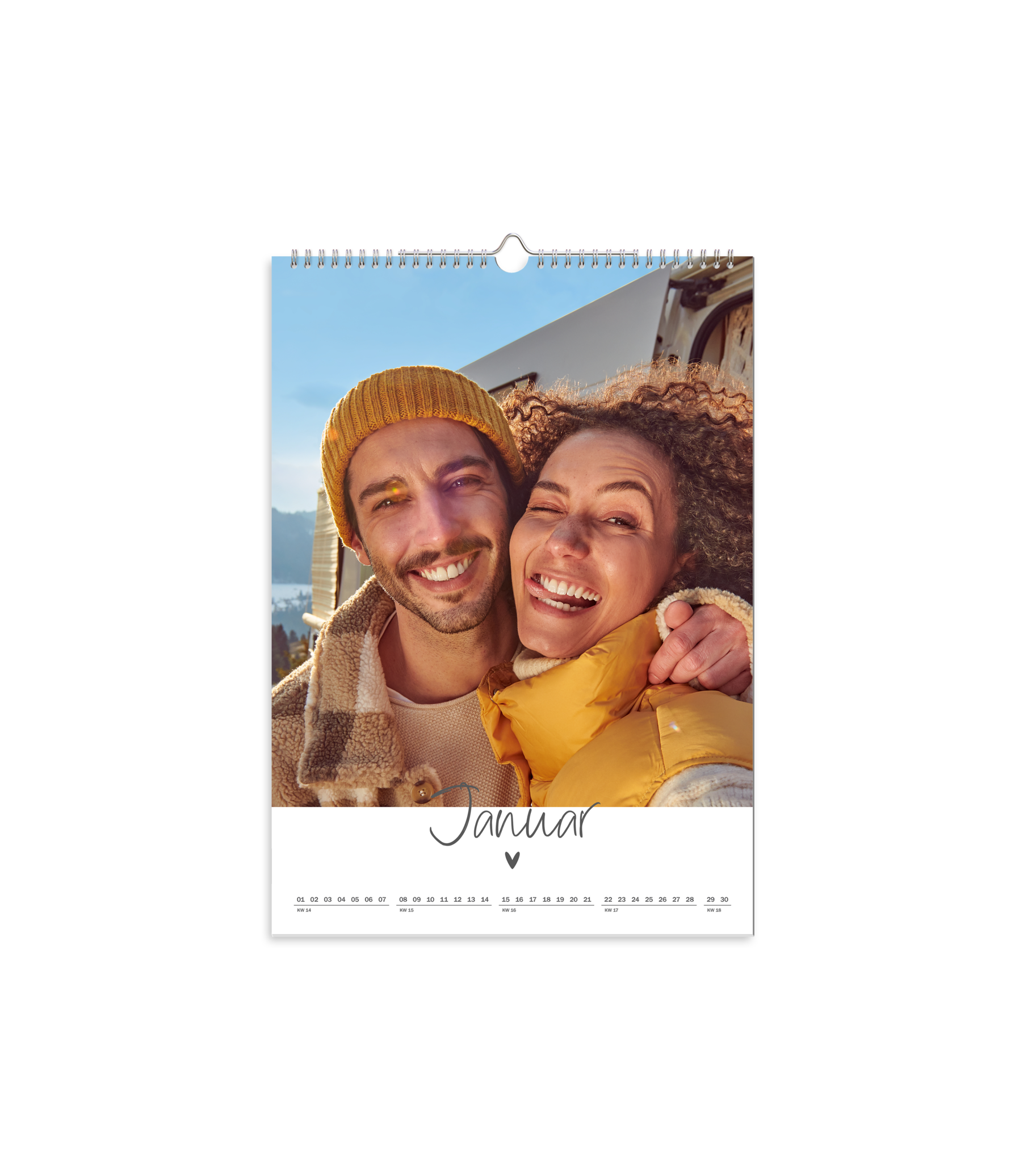 Calendrier mural en format portrait avec une photo de couple et un design épuré