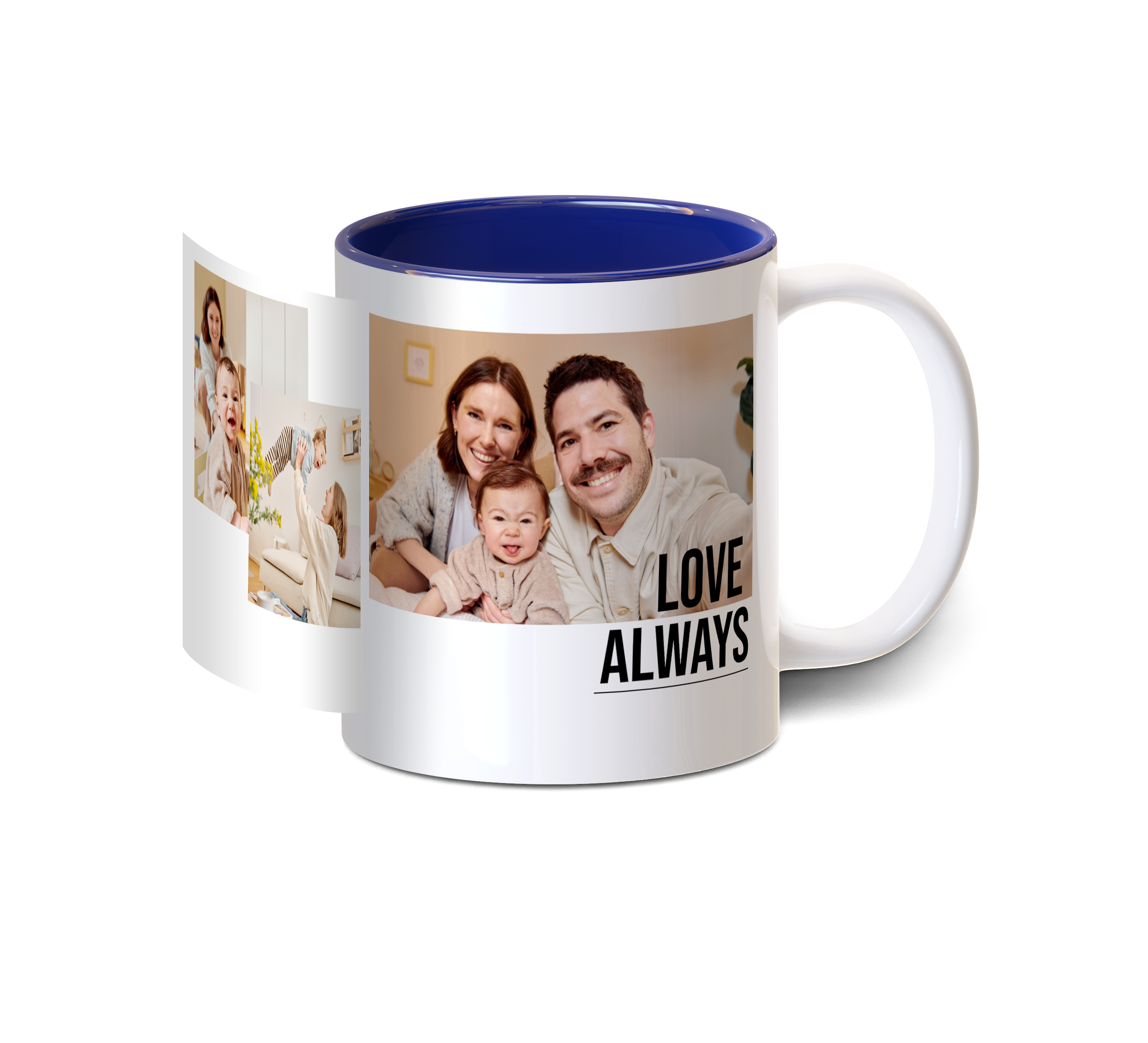 Fototasse mit Panoramadruck und Design mit mehreren Familienbildern.