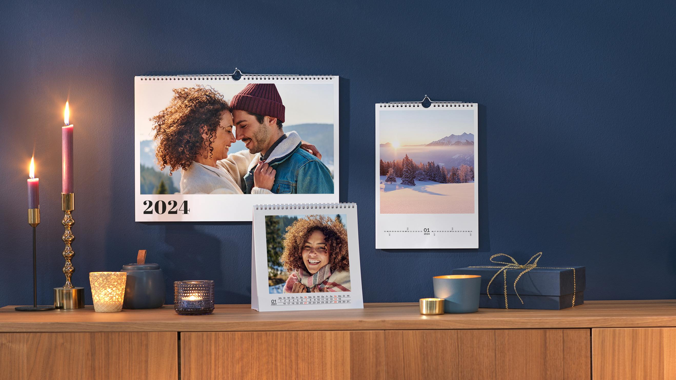 Calendarios personalizados con fotos 2023: dos de pared y uno de mesa con fotos invernales