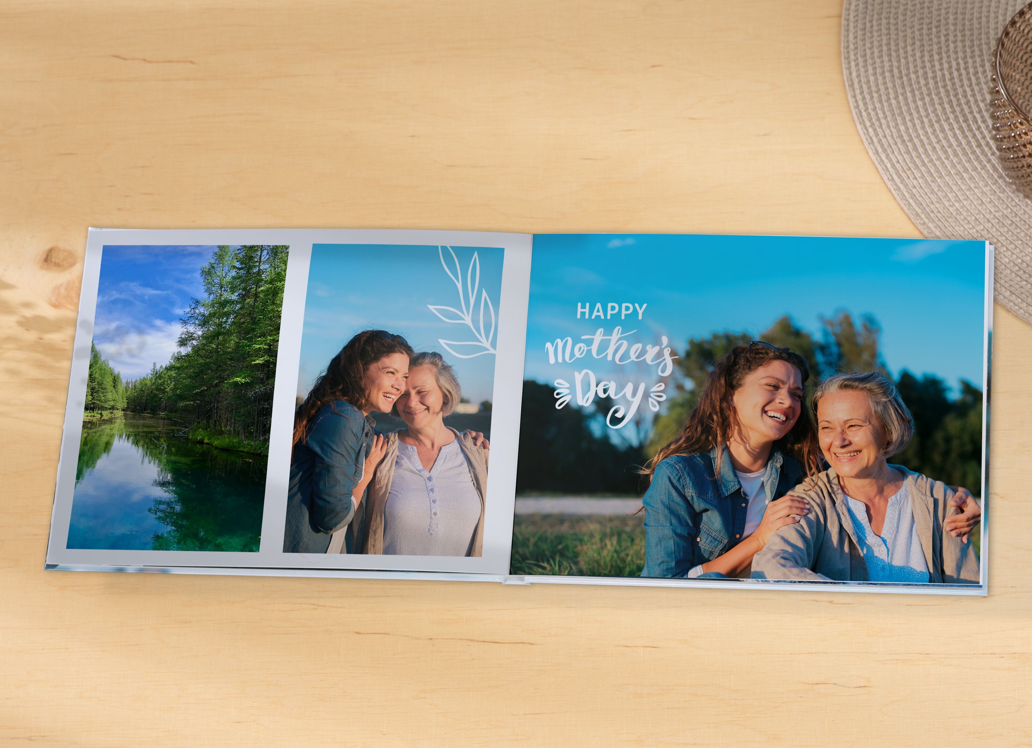 Livre photo paysage pour la fête des mères avec une reliure layflat et une image d'une Maman et sa fille dans la nature.