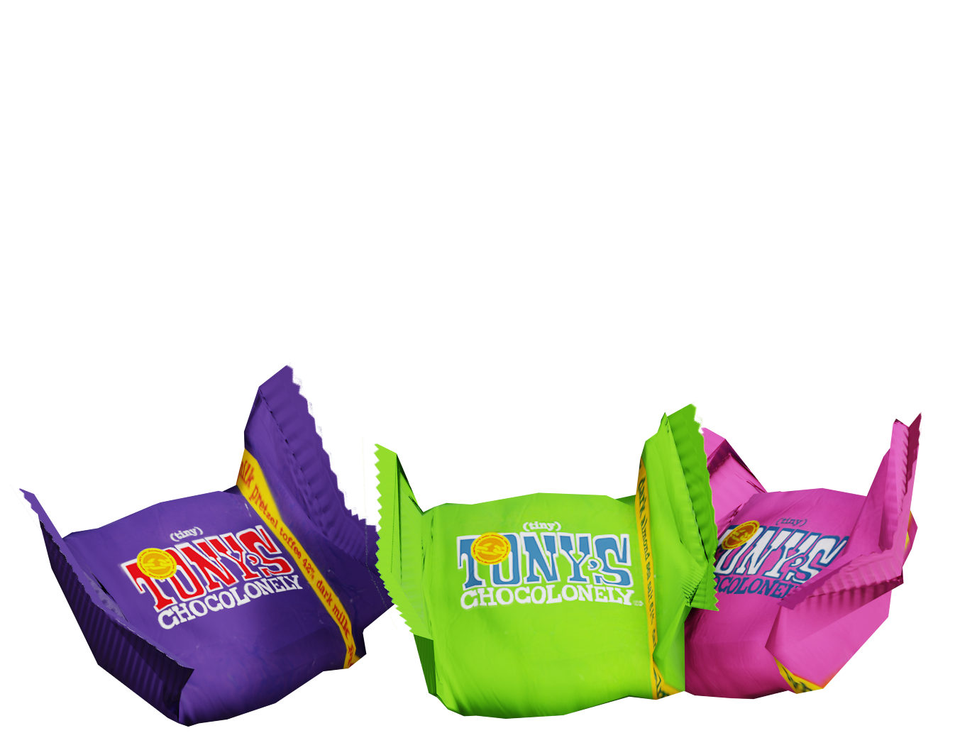 Drie chocolaatjes van Tony's Chocolonely liggen naast elkaar.