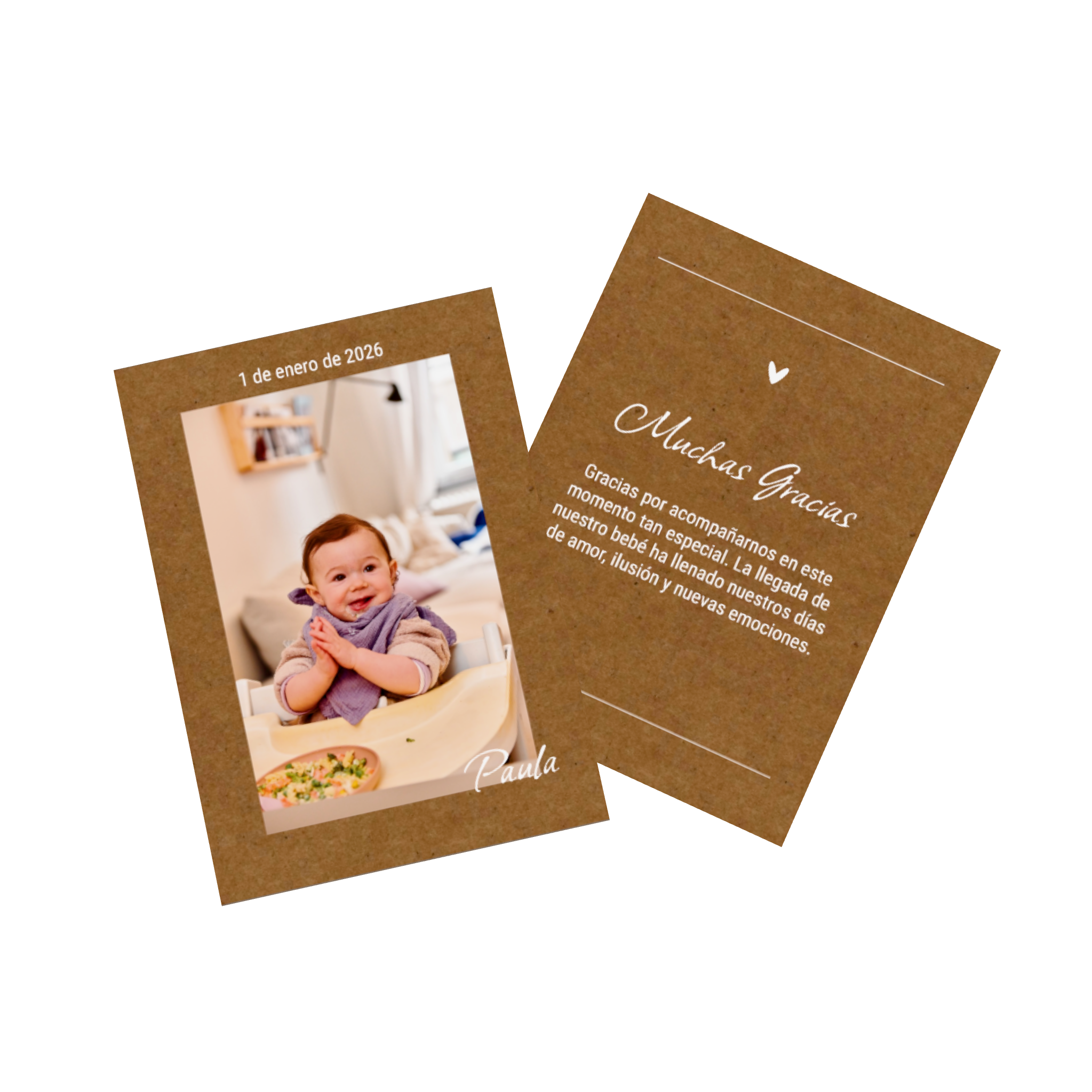 Tarjeta con foto de nacimiento con información sobre el nacimiento y fotos familiares