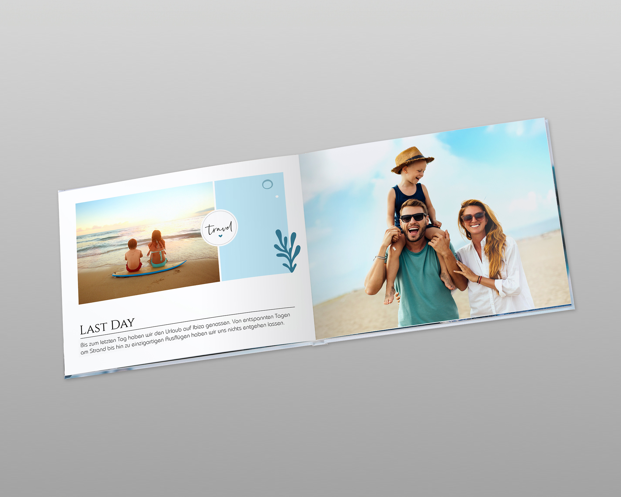 Aufgeschlagenes Reisefotobuch mit einer Vorlage für Urlaub am Meer mit Familienbildern.