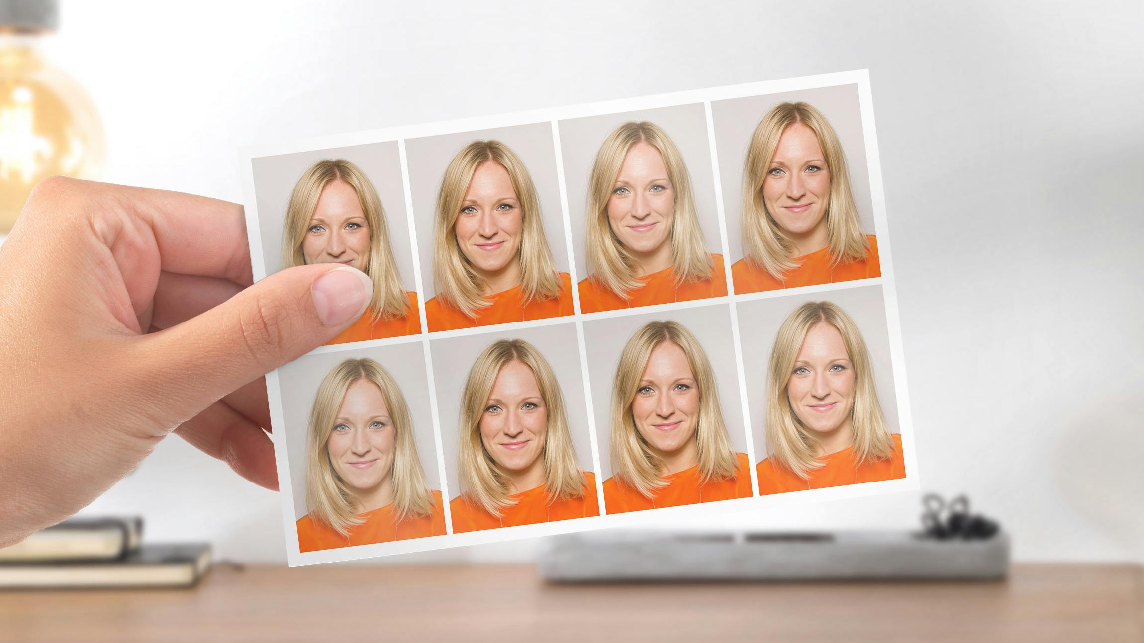 Acht Passfotos mit blonder Frau in orangenem Oberteil im Ambiente