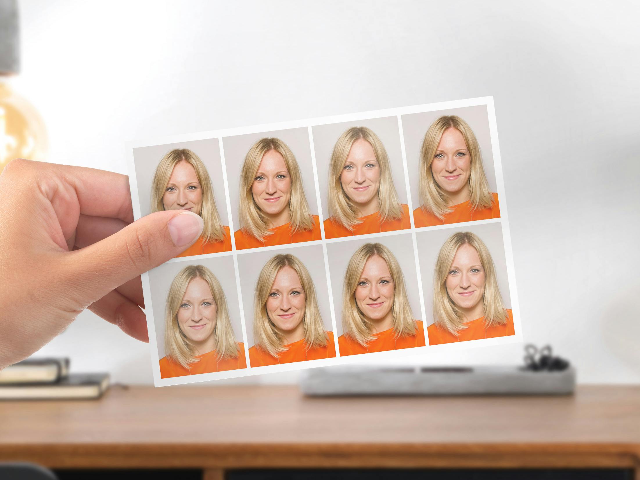 Acht Passfotos mit blonder Frau in orangenem Oberteil im Ambiente