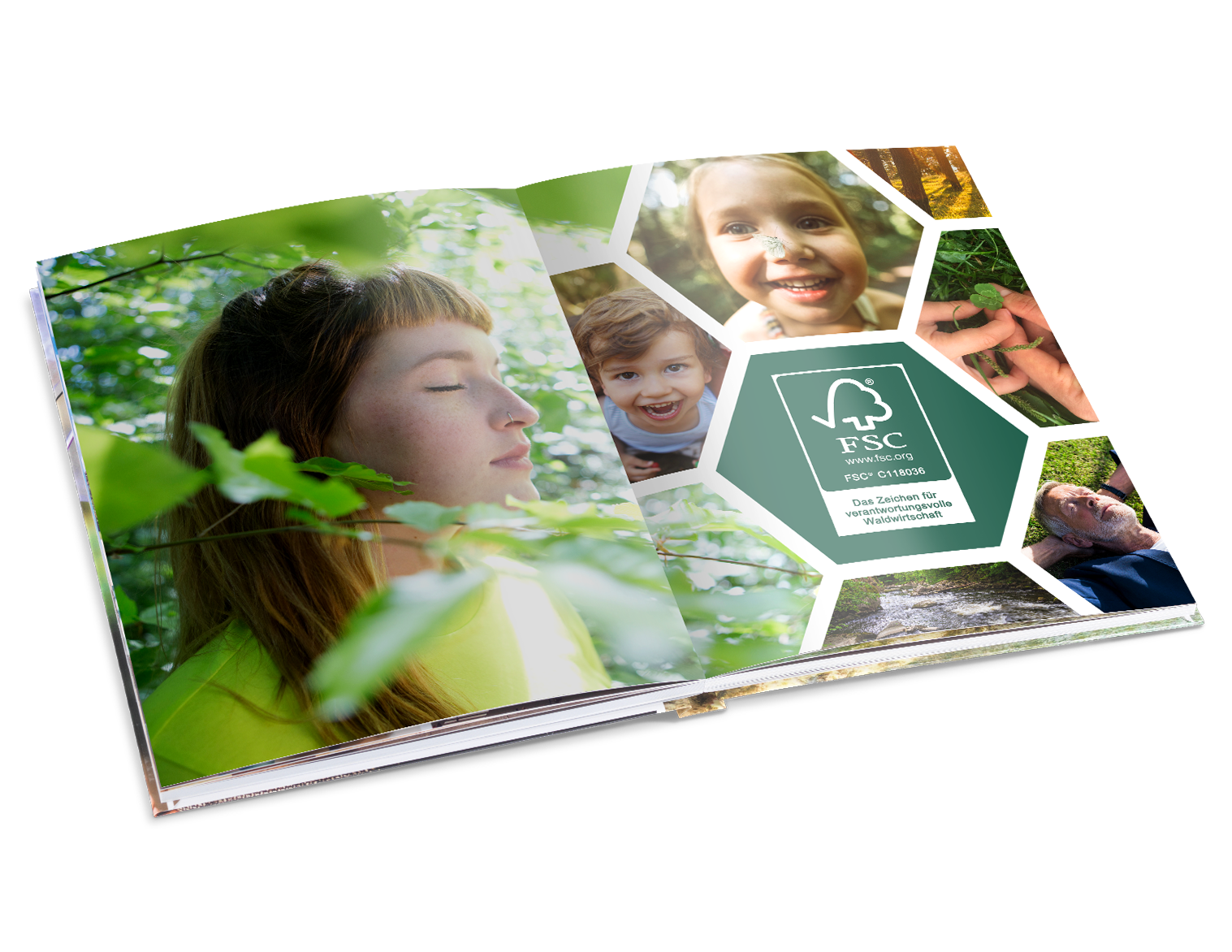 Freistellermotiv eines Pixum Fotobuches mit FSC-Logo und Naturmotiven