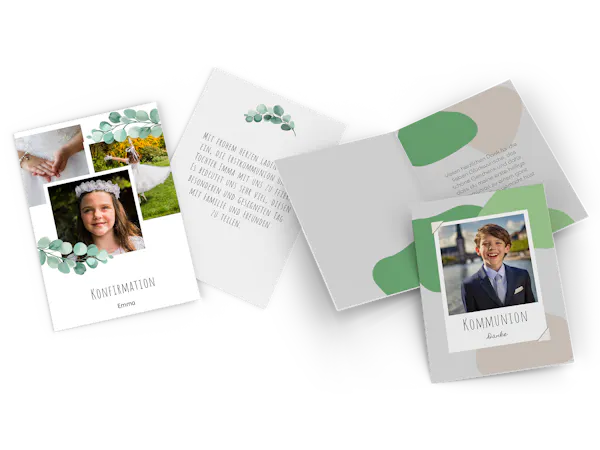 Kommunionskarten und Konfirmationskarten selbst gestalten Mehrere Grußkarten zum Thema Kommunion und Konfirmation liegen nebeneinander platziert.