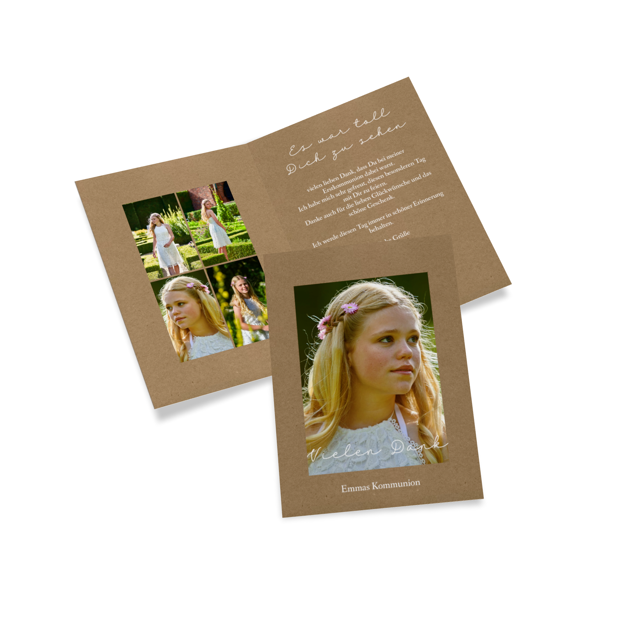 Danksagung zur Kommunion mit Packpapier Design und dem Bild eines Mädchens auf der Vorderseite.