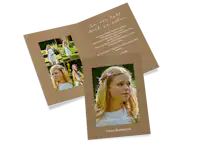 Danksagungskarte zur Kommunion als Klappkarte Danksagung zur Kommunion mit Packpapier Design und dem Bild eines Mädchens auf der Vorderseite.