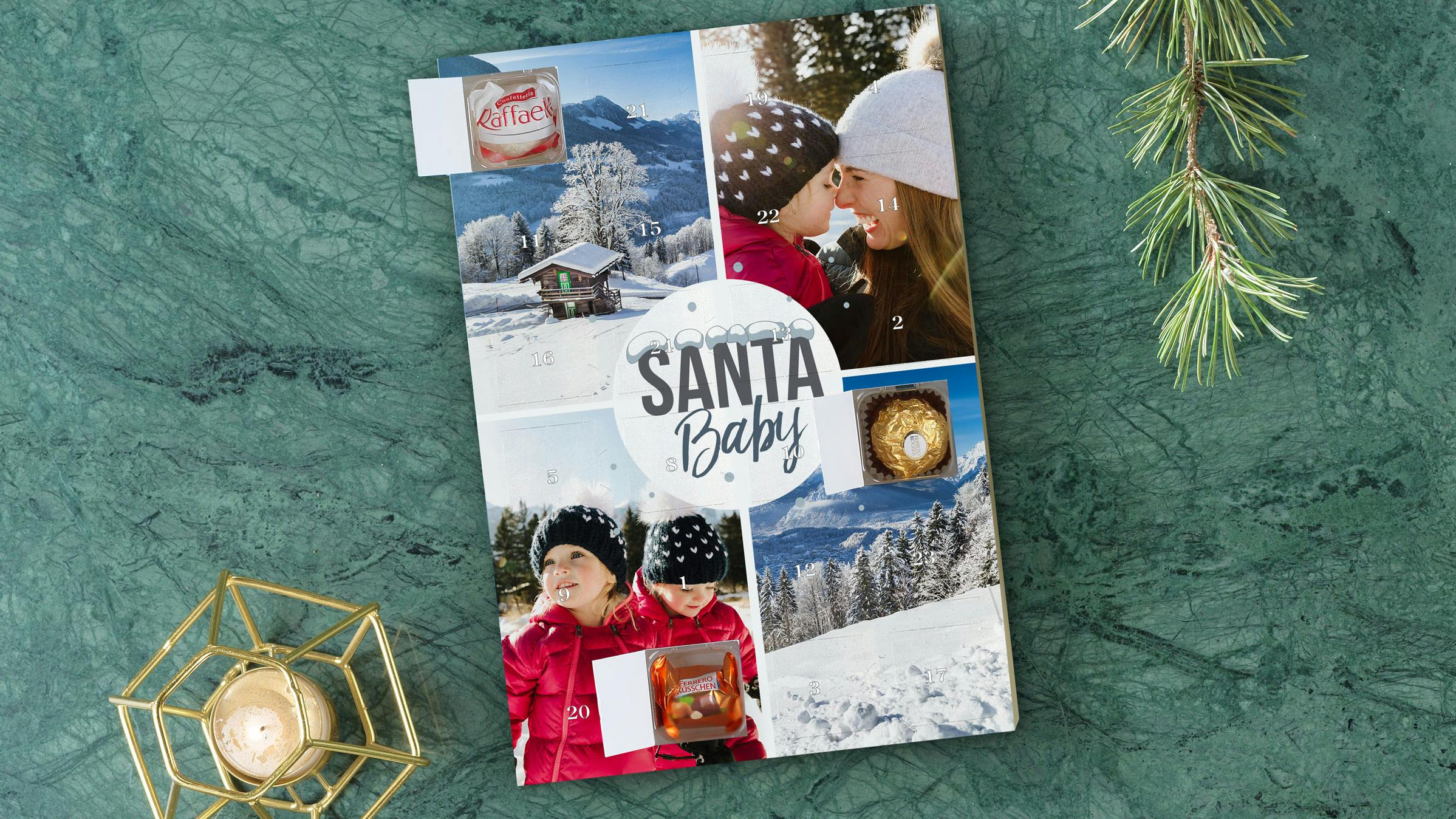 Foto adventskalender met Ferrero pralines met een collage van wintermotieven op een groene marmeren plaat