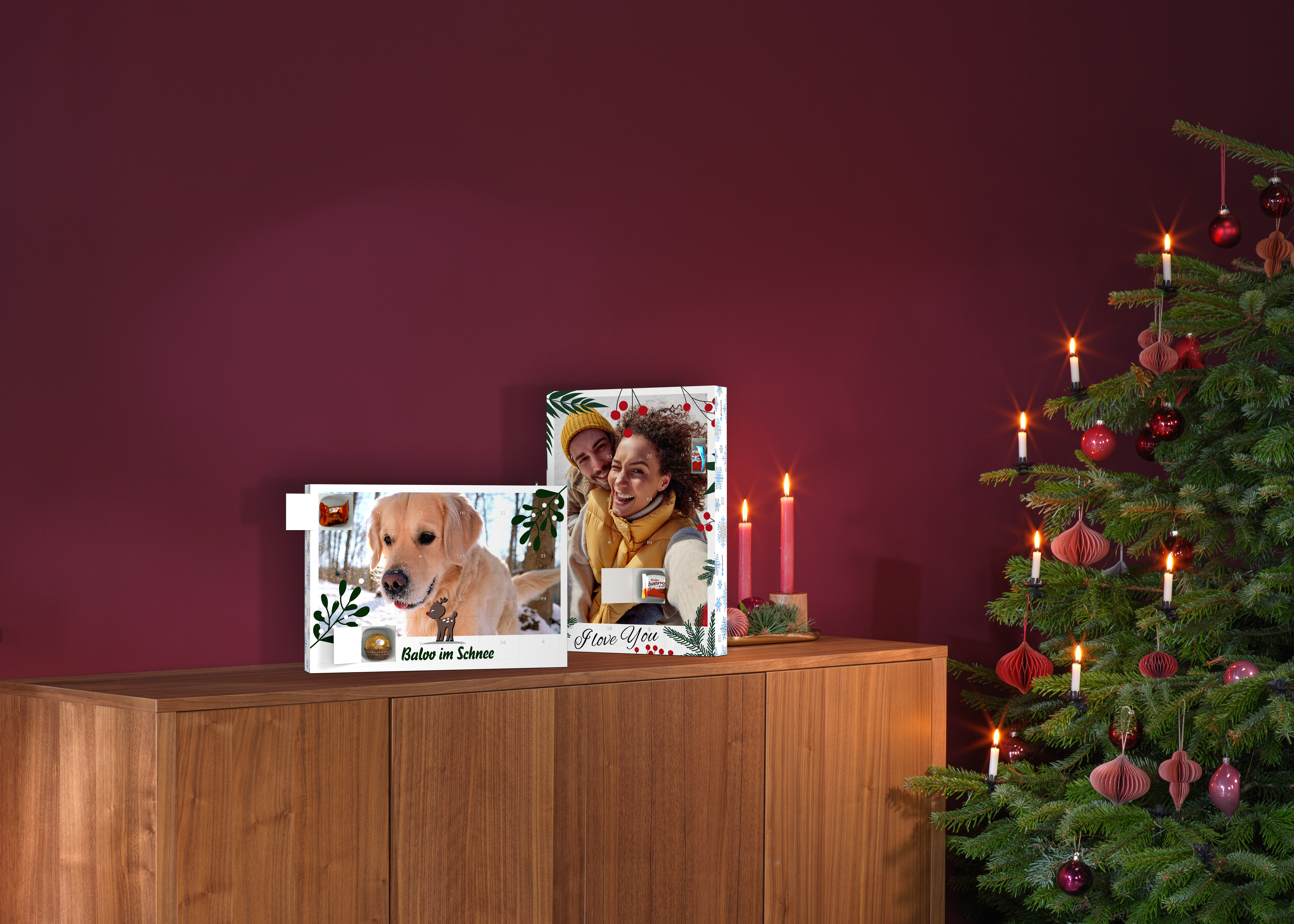 Calendario de Adviento con fotos y diseño con chocolates kinder® y Ferrero Rocher en ambiente