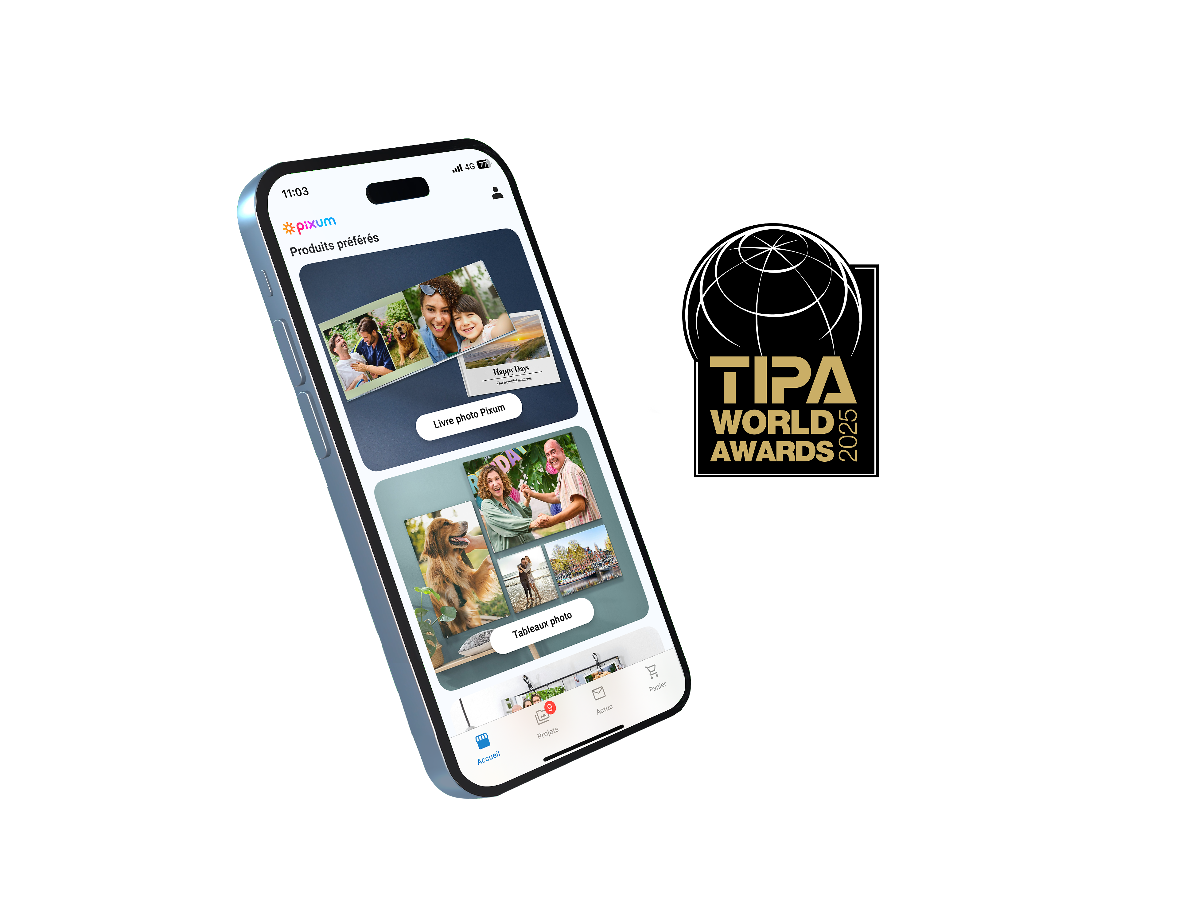 Smartphone avec l'Appli Pixum et un logo des TIPA World Award 2025