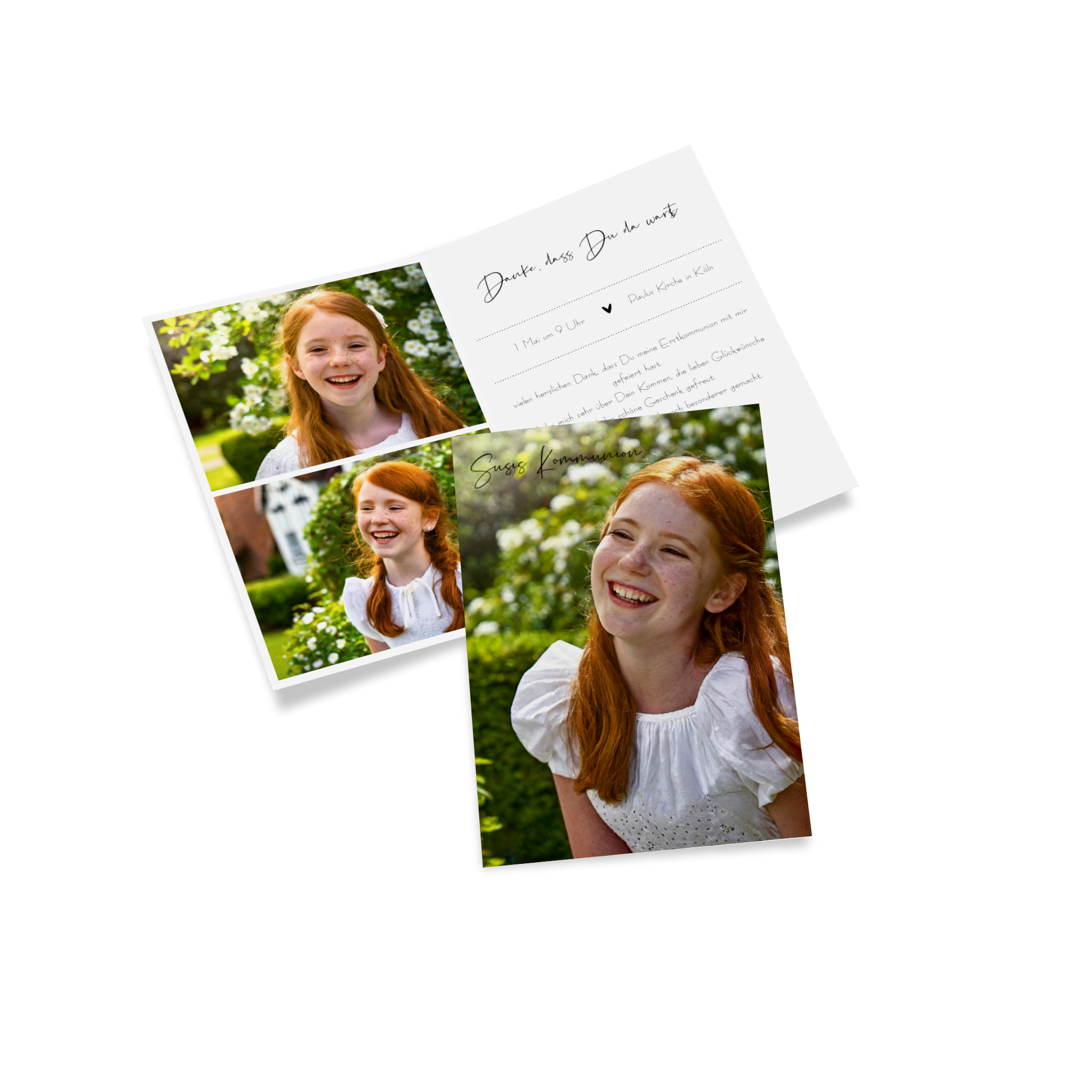 Danksagungskarte zur Kommunion als aufklappbare Karte mit dem Bild eines Mädchens auf der Vorderseite.