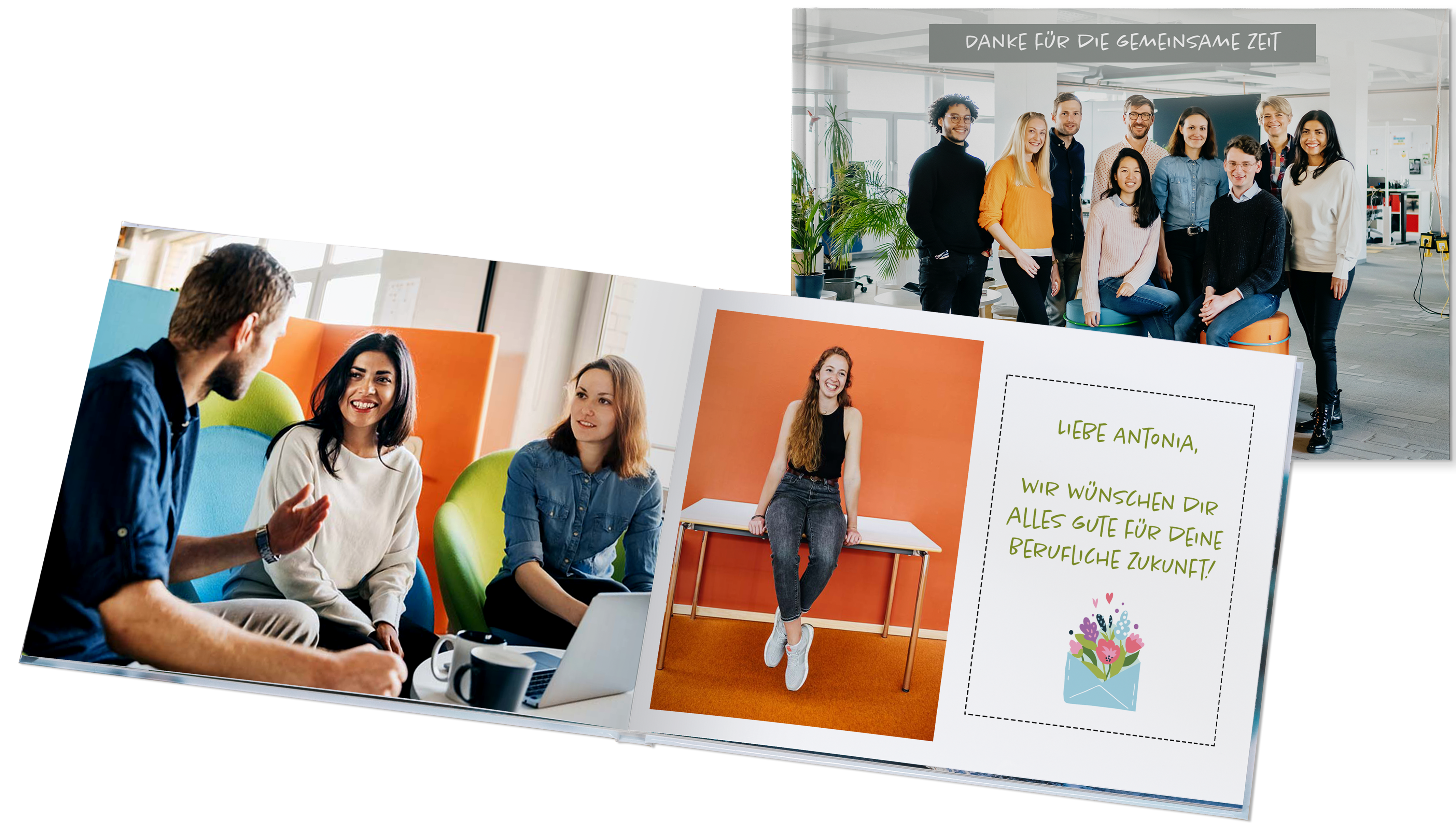 Man sieht ein Fotobuch für den Abschied einer Kollegin, einmal die Coveransicht und einmal die Innenansicht. Darauf sind auch Bilder ihrer Kolleg:innen.