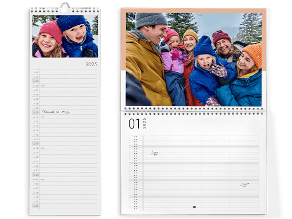 Jaarplanner 2025 maken Pixum verjaardagskalender ontwerpen met winterse familiefoto's